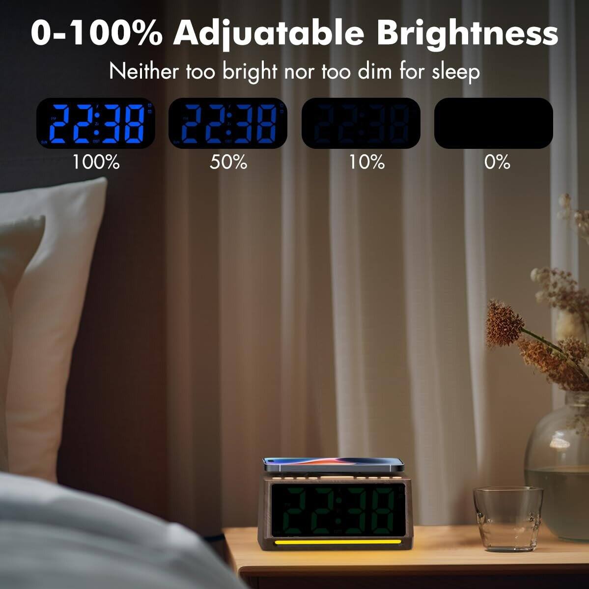 0-100% Adjustable Brightness  
Neither too bright nor too dim for sleep  

22:38  
100%  

22:38  
50%  

22:38  
10%  

22:38  
0%