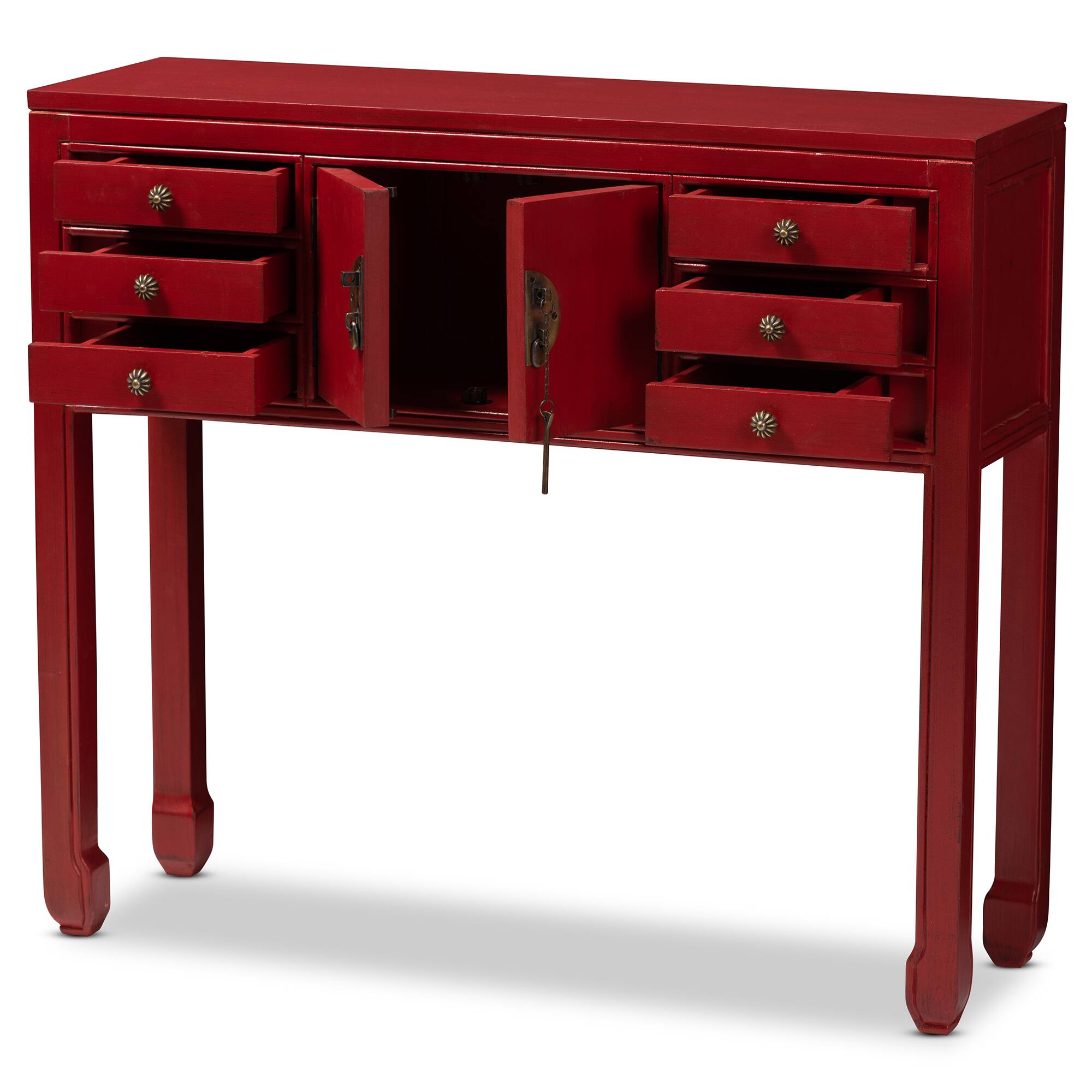 Angle. Baxton Studio - Melodie Classic and Antique Finished Wood Bronze Finished Accents 6-Drawer Console Table - Red.