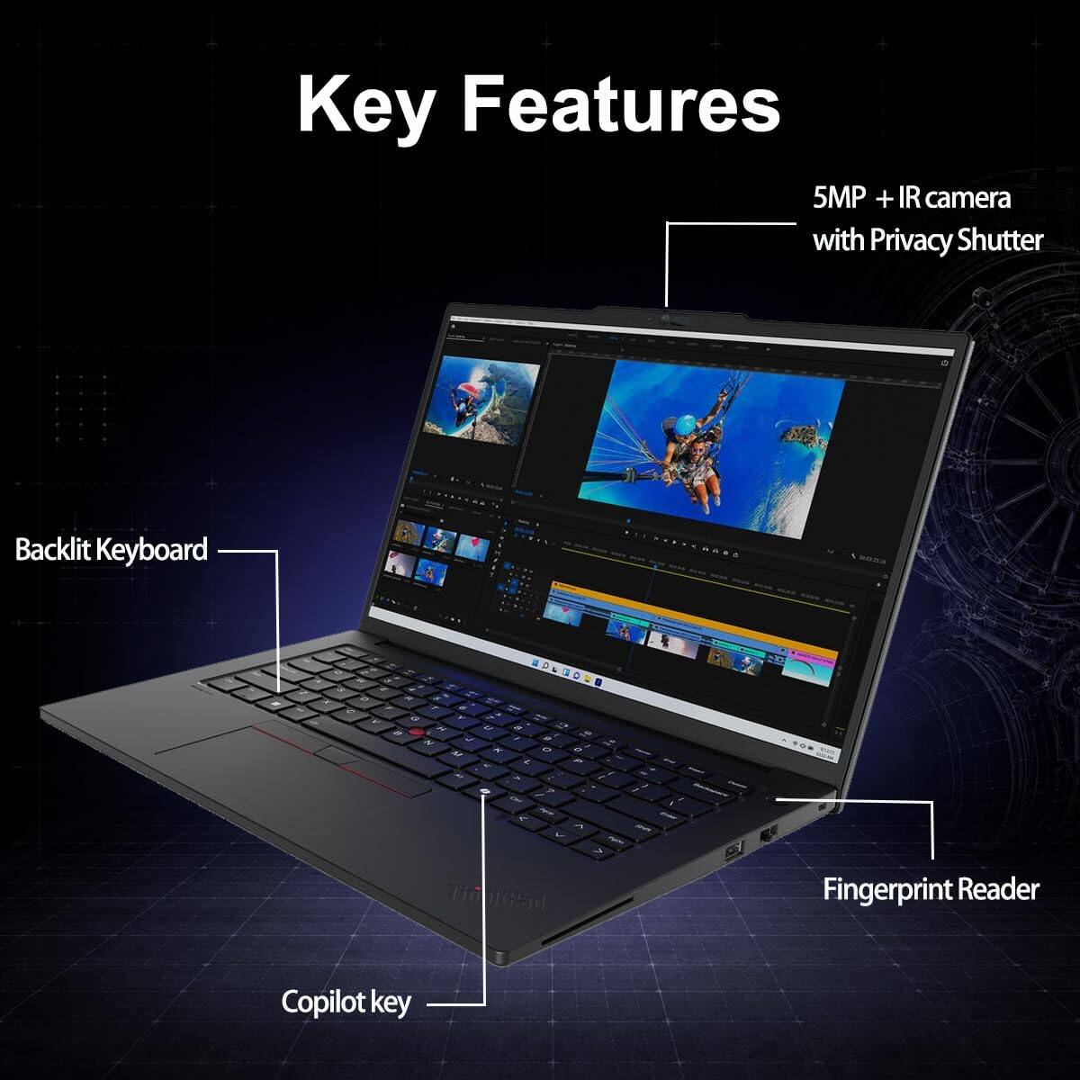 Key Features  
- 5MP + IR camera with Privacy Shutter  
- Backlit Keyboard  
- Fingerprint Reader  
- Copilot key