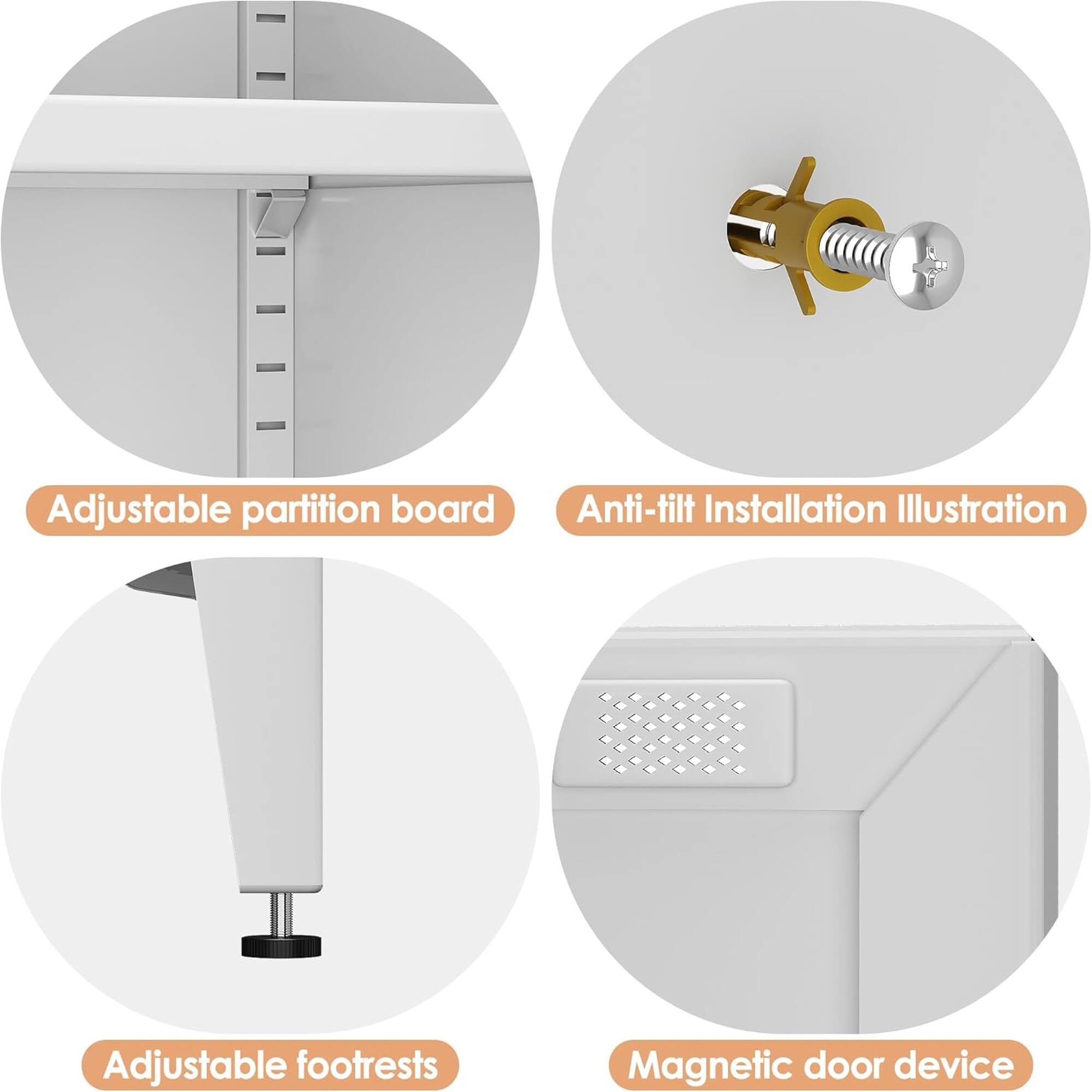Adjustable partition board  
Anti-tilt Installation Illustration  
Adjustable footrests  
Magnetic door device