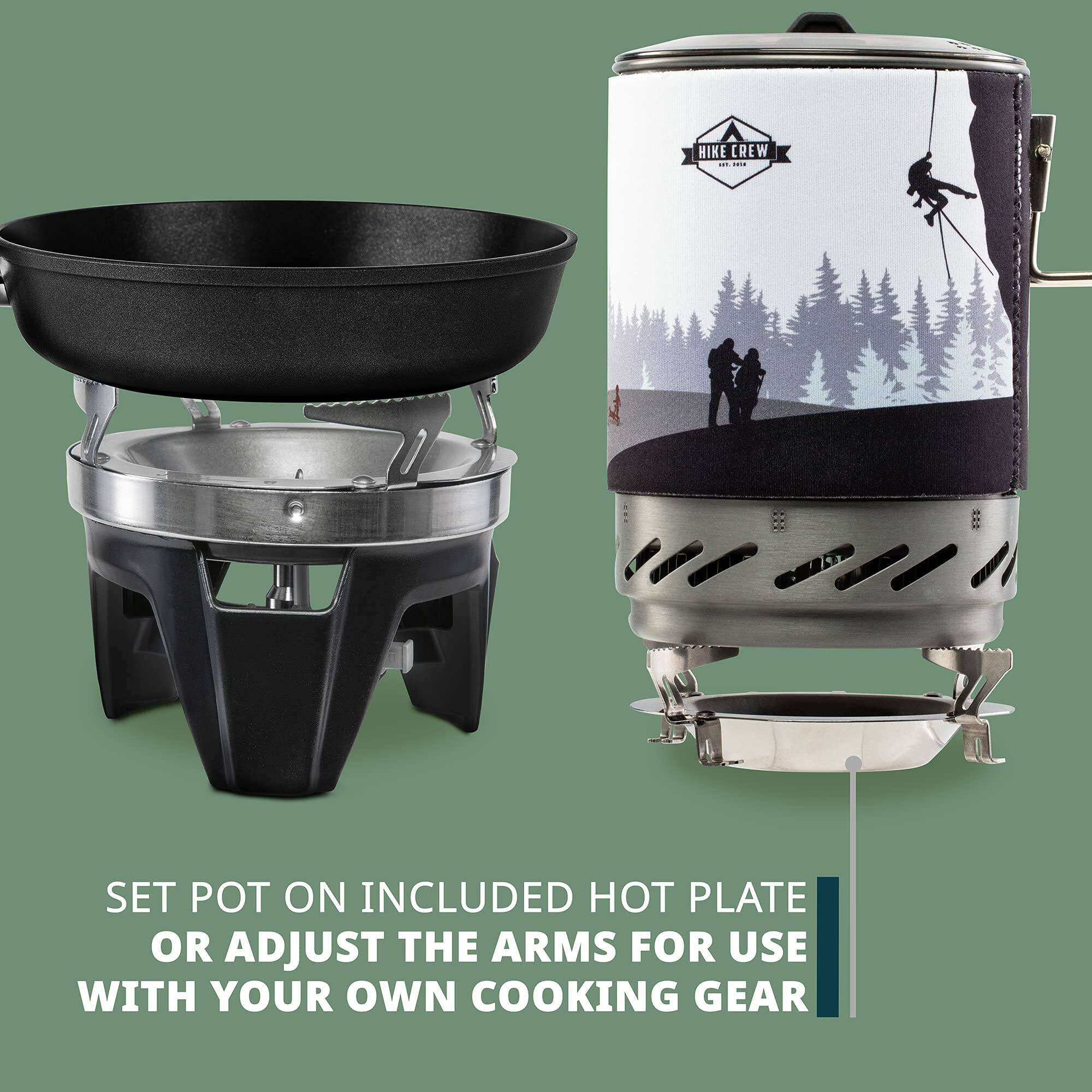HIKE CREW - SET POT ON INCLUDED HOT PLATE OR ADJUST THE ARMS FOR USE WITH YOUR OWN COOKING GEAR