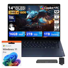 HP - Upgraded - OmniBook X 14" 3K OLED Touch Laptop,Core Ultra 7 355,16GB,2TB SSD+1TB Dock Set,Copilot+ PC,Backlit,Win11 Pro - Blue