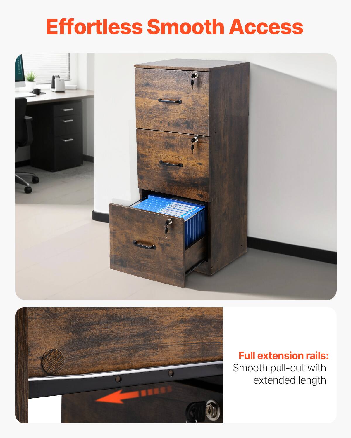 Effortless Smooth Access

Full extension rails: Smooth pull-out with extended length