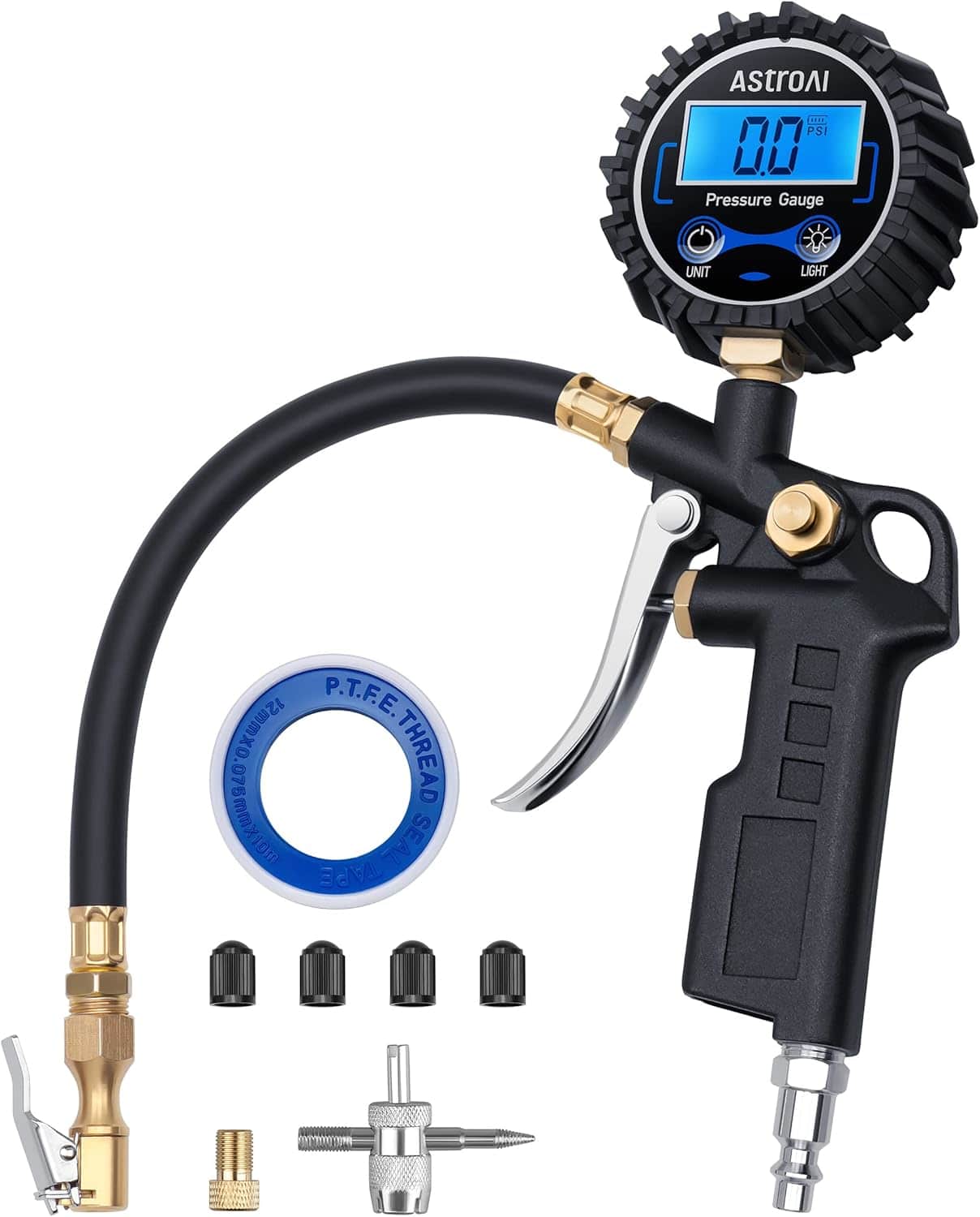 AstroAI - Digital Tire Pressure Gauge with Inflator 3 to 250 PSI Air Chuck and Compressor Accessories with Quick Connect Coupler - Black