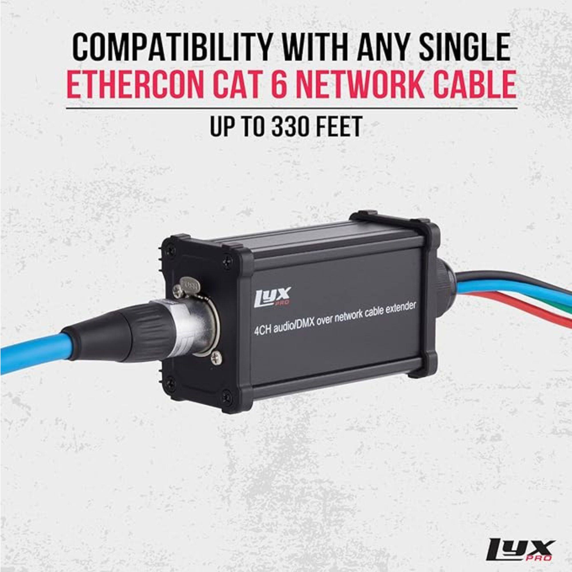 COMPATIBILITY WITH ANY SINGLE ETHERCON CAT 6 NETWORK CABLE UP TO 330 FEET

LYX PRO extender network cable audio/DMX over 4CH LYX PRO