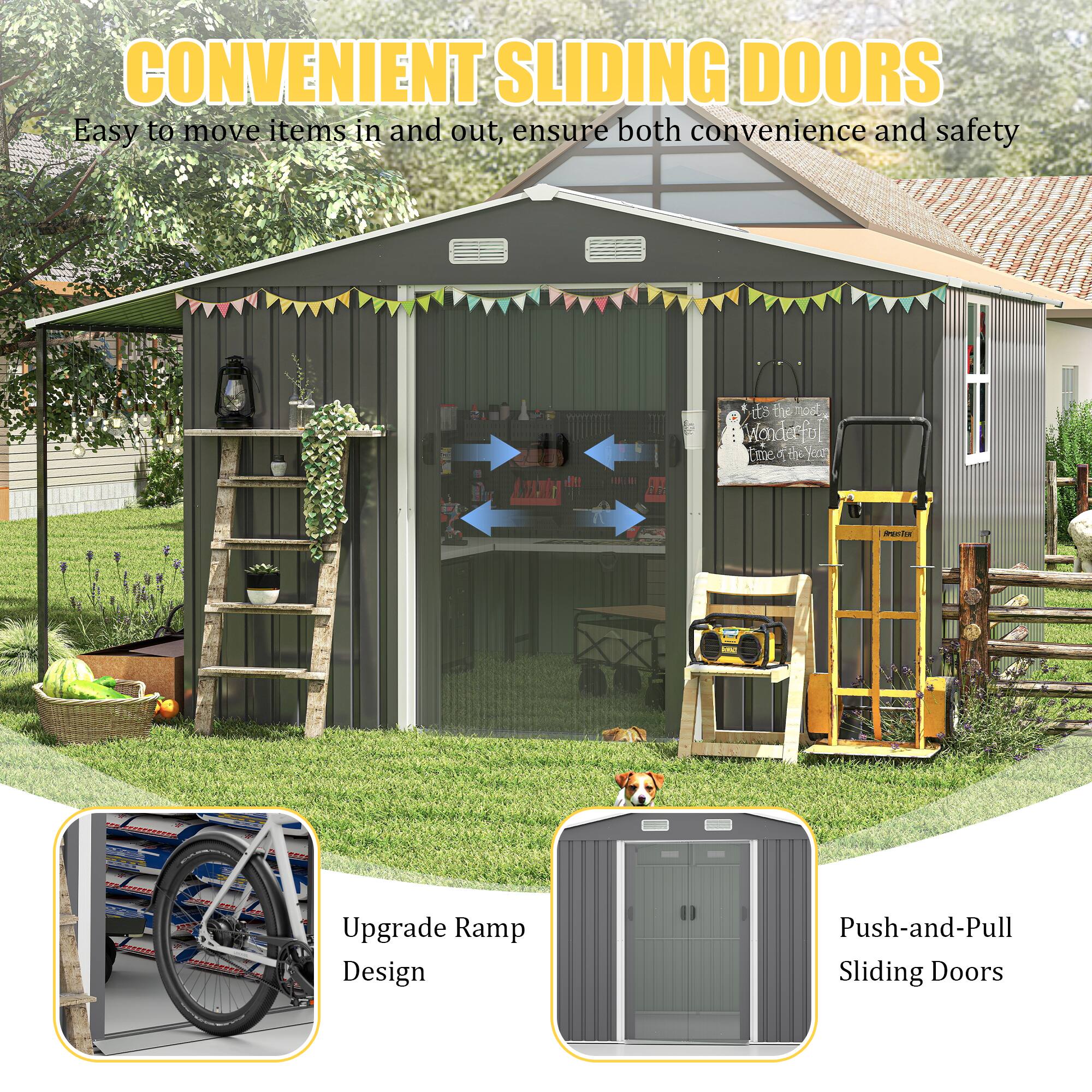 Back. TinyHomie - 10x12 FT Outdoor Storage Shed Extra Large Metal Shed with Lockable Doors Windows Outside Steel Tiny House.