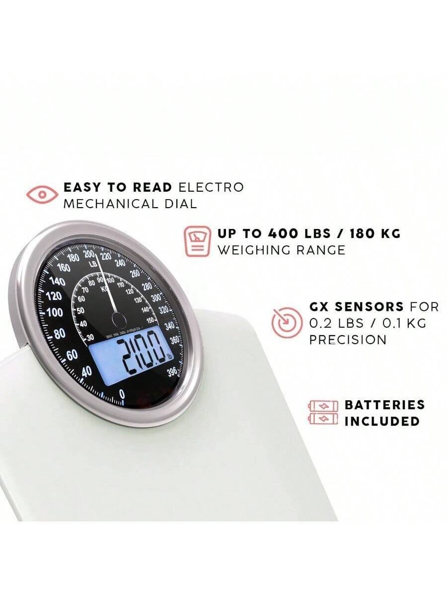 EASY TO READ ELECTRO MECHANICAL DIAL

UP TO 400 LBS / 180 KG WEIGHING RANGE

GX SENSORS FOR 0.2 LBS / 0.1 KG PRECISION

BATTERIES INCLUDED