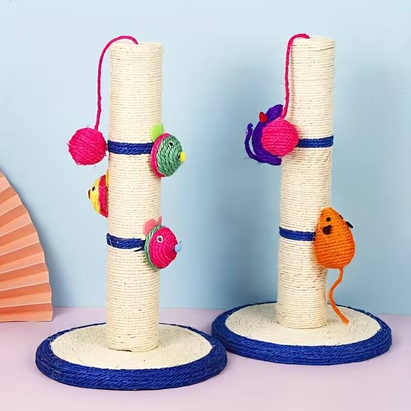 Back. Oumilen - Sisal Cat Scratching Post with Hanging Mouse & Ball Toys, 16 in Height for Indoor Cats Scratch Pad Claw Sharpener - White.