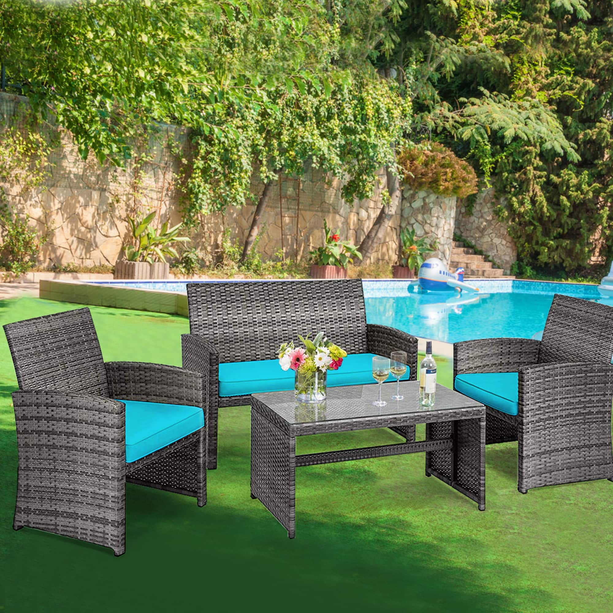 Gymax - 4PCS Patio Outdoor Rattan Conversation Furniture Set w/ Turquoise Cushion - as pic price history on PriceWatchPro
