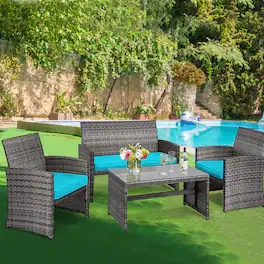 Gymax - 4PCS Patio Outdoor Rattan Conversation Furniture Set w/ Turquoise Cushion - as pic