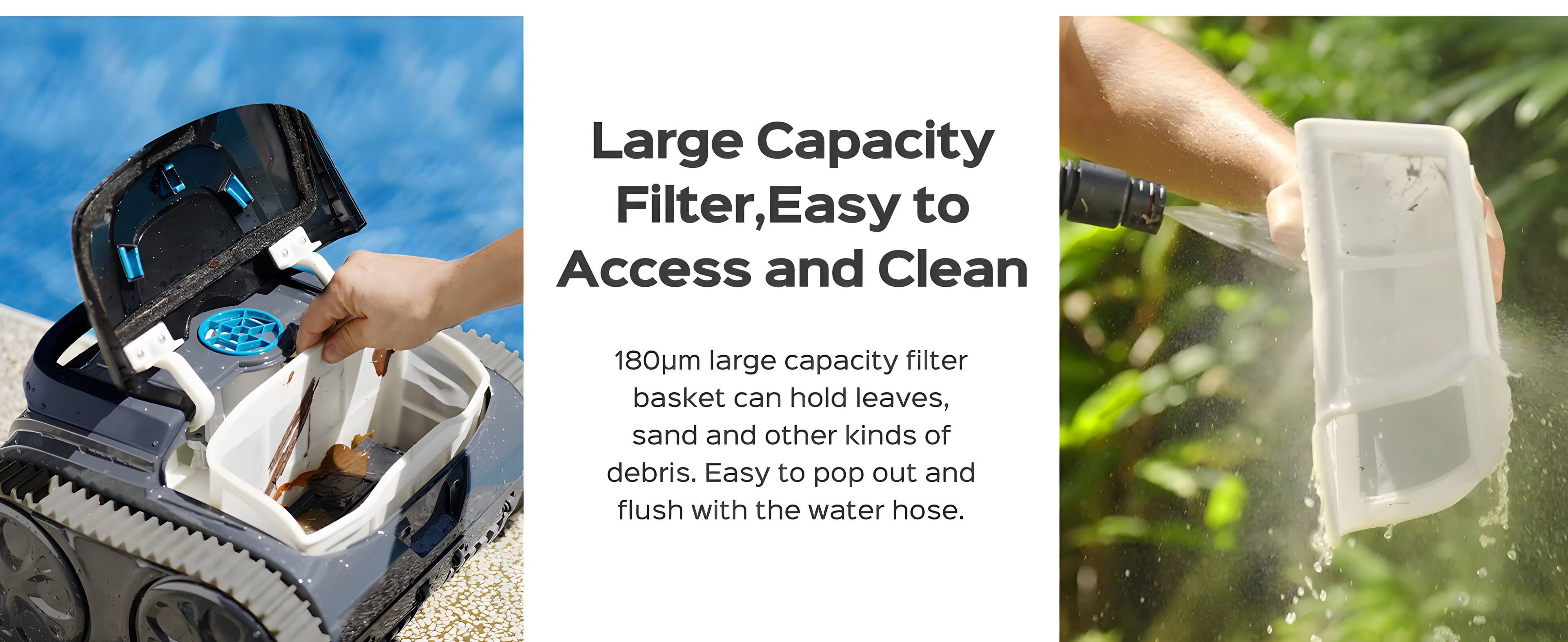 Large Capacity Filter, Easy to Access and Clean: The 180m large capacity filter basket can hold leaves, sand, and other kinds of debris. It is easy to pop out and flush with the water hose.