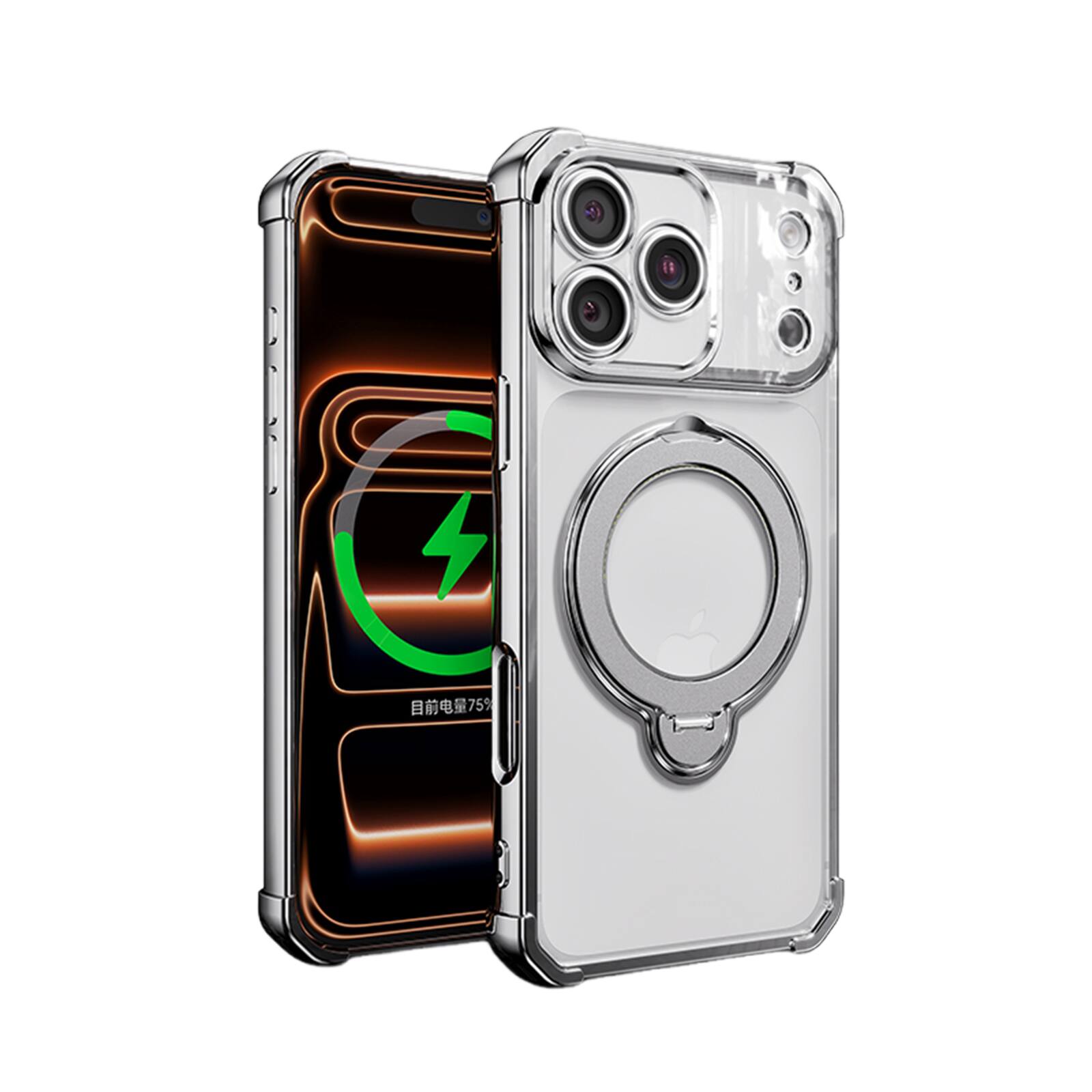 Dteck - Mag Safe Case For Apple iPhone 17 Pro Max Plating Shock-Resistant Anti-Scratch Ring Kickstand Rugged Cover - Silver