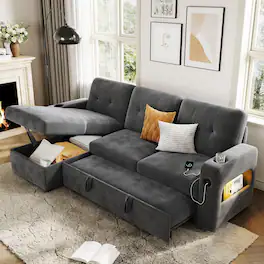 Jojoka - 84" L-Shaped Sleeper Sofa, Convertible Pull-Out Bed w/Storage Chaise, Charging Station & LED Lights - Gray