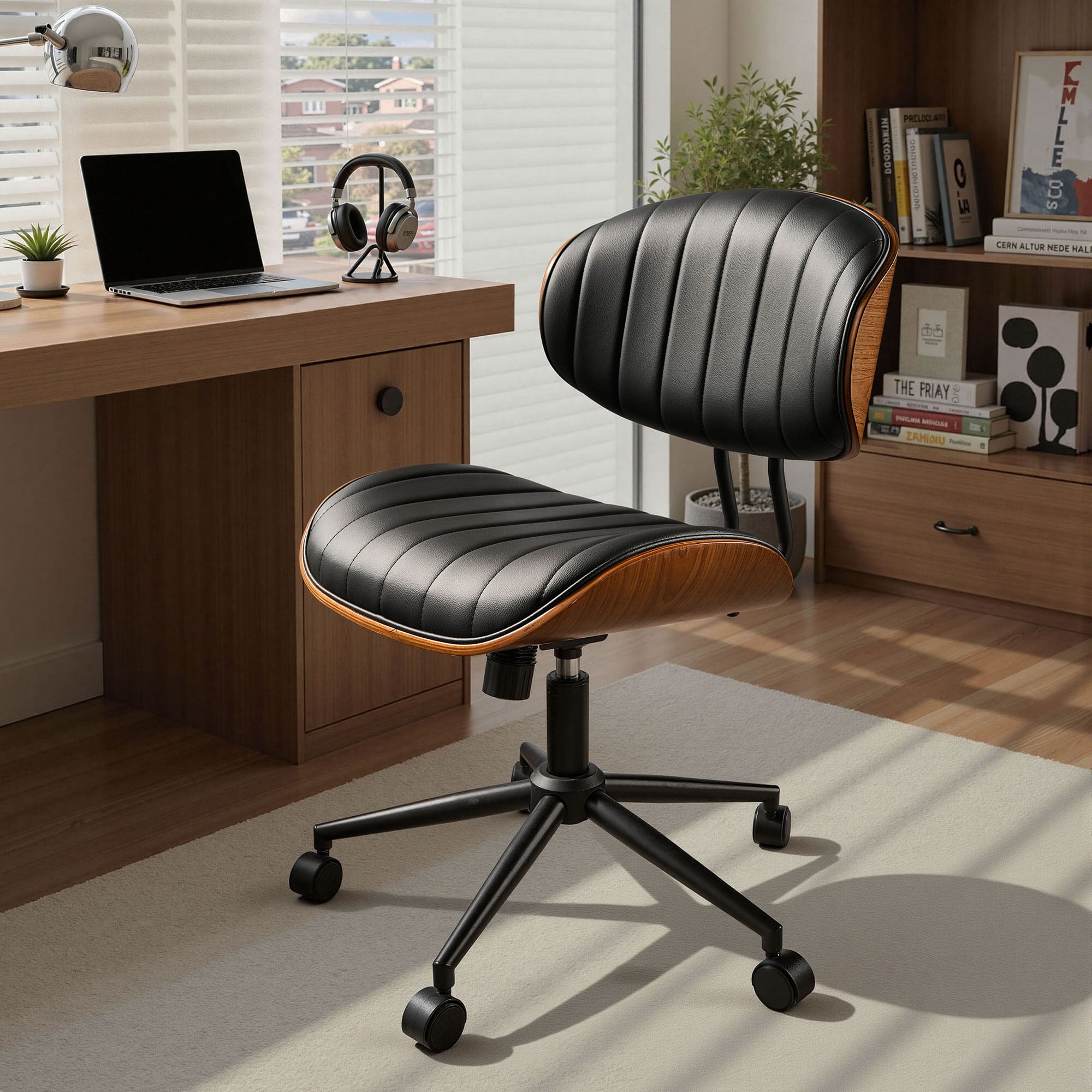 Ovios - Armless Office Chair, PU Leather Swivel Computer Desk Chair, Vantiy Chair with Wheels - Black