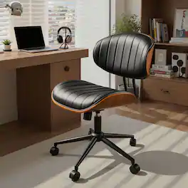 Ovios - Armless Office Chair, PU Leather Swivel Computer Desk Chair, Vantiy Chair with Wheels - Black