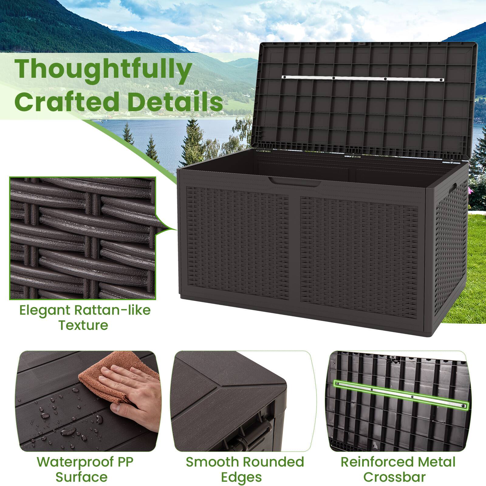 Thoughtfully Crafted Details

Elegant Rattan-like Texture

Waterproof PP Surface

Smooth Rounded Edges

Reinforced Metal Crossbar