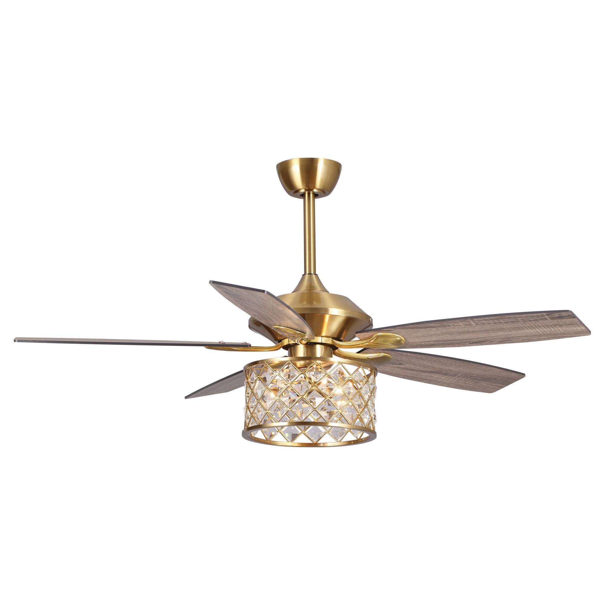 Alt View 2. Parrot Uncle - 52" Modern Wood 5-Blade Gold Crystal Ceiling Fan Fandelier with Remote and Light Kit - Gold.