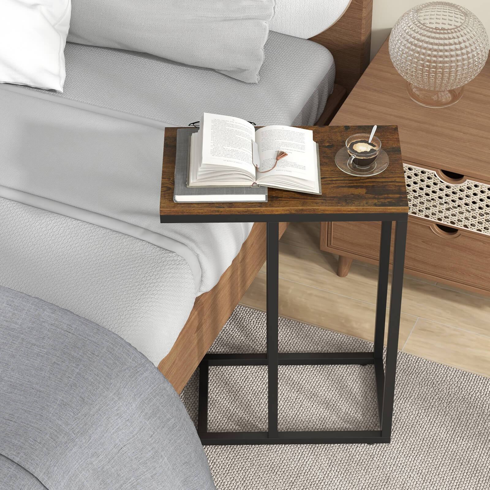 Back. Costway - C-shaped Side Table Industrial Sofa Table with Heavy-duty Metal Frame - Brown.