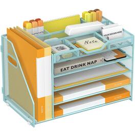 Paradigms Interiors - 5 Tier Paper Letter Tray With 3 Drop-in Pen Holders Mesh Desk File Organizer Handle Organizers And Accessor - 5 Tier With File Holder-blue
