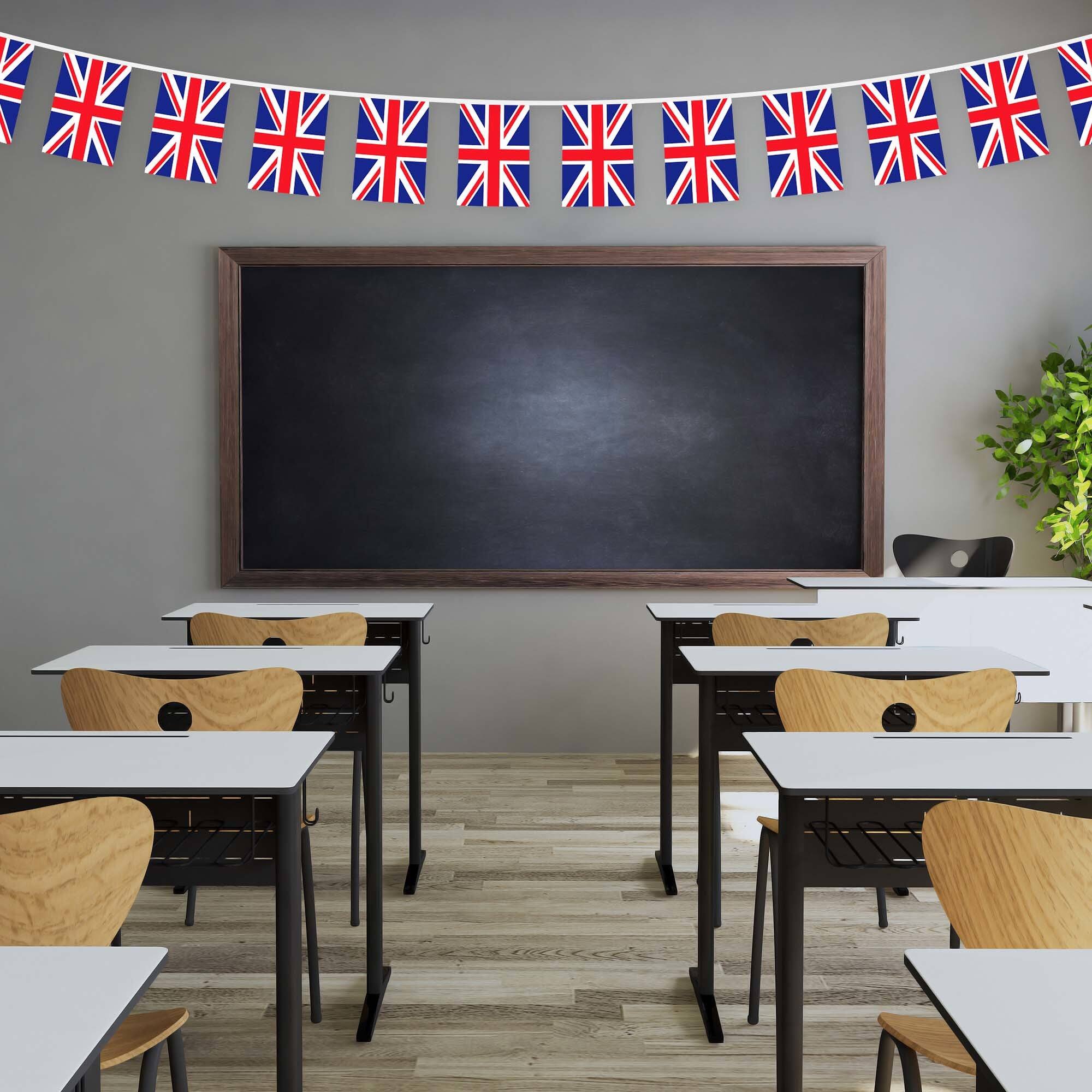 Back. G128 - United Kingdom Flag Bunting Banner, 33 ft String with 38 Mini Flags, 8.2 x 5.5 in Polyester. - Assorted Colors.