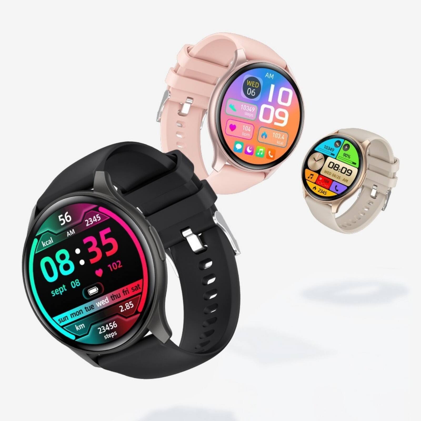 Sure, here is the corrected and grouped text from the image:

---

**Top Left Watch:**

- **Time:** 08:35 AM
- **Date:** sept 08
- **Steps:** 23456
- **Kcal:** 56
- **Heart Rate:** 102
- **Steps Goal:** 2.85 km
- **Day:** wed thu fri sat sun mon tue

**Top Right Watch:**

- **Time:** 10:09 AM
- **Date:** WED 06
- **Steps:** 10349
- **Kcal:** 103.4
- **Heart Rate:** 104
- **Steps Goal:** 10349
- **Day:** 90%

**Bottom Right Watch:**

- **Time:** 08:09 AM
- **Date:** WED 06 02 25
- **Steps:** 2345
- **Kcal:** 10349
- **Heart Rate:** 104
- **Steps Goal:** 10349
-