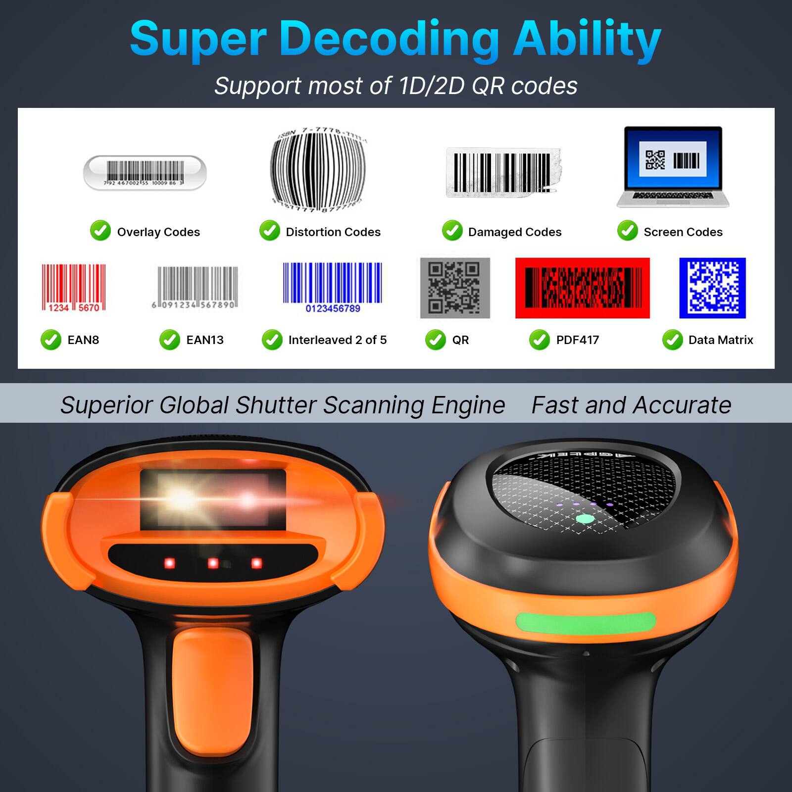 Super Decoding Ability  
Support most of 1D/2D QR codes  

- Overlay Codes  
- Distortion Codes  
- Damaged Codes  
- Screen Codes  
- EAN8  
- EAN13  
- Interleaved 2 of 5  
- QR  
- PDF417  
- Data Matrix  

Superior Global Shutter Scanning Engine  
Fast and Accurate