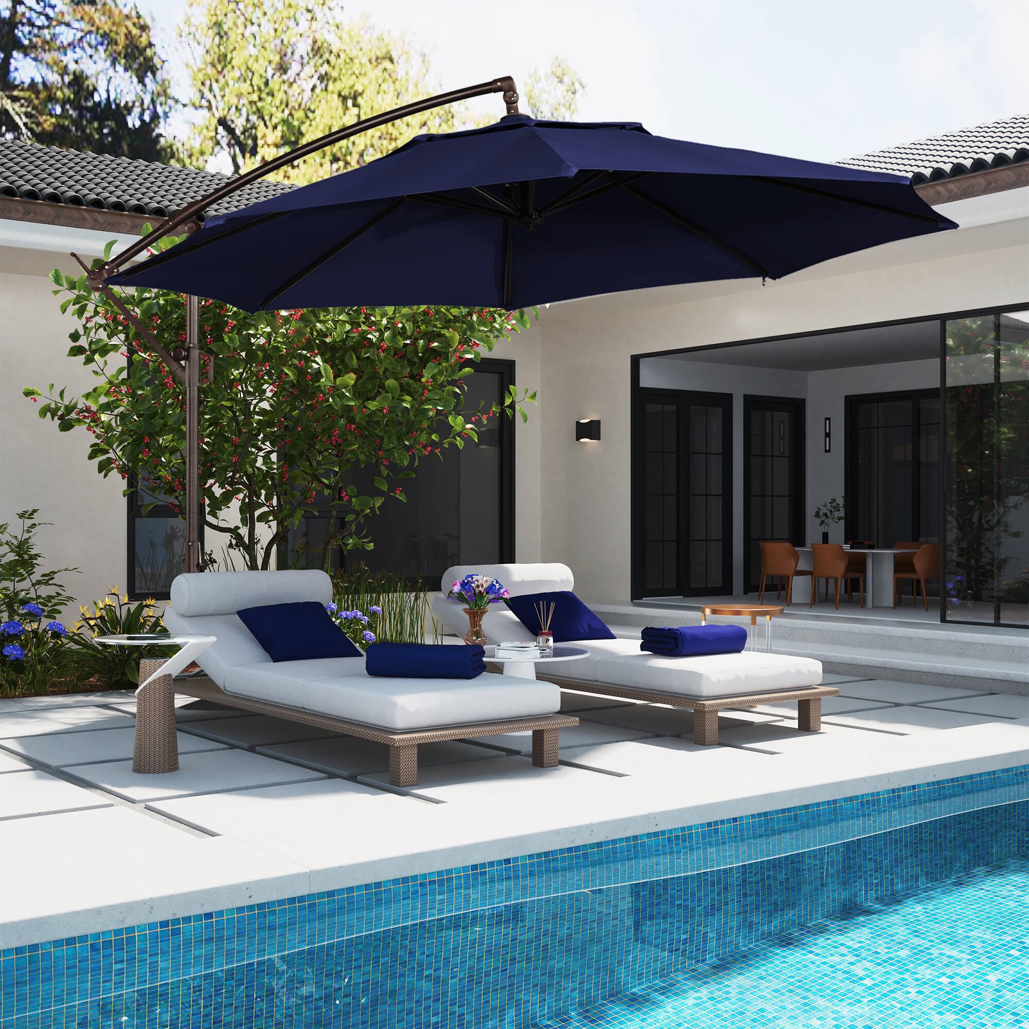 Mondawe 11ft Cantilever/Offset Hanging Patio Umbrella with Easy Tilt and Crank 360 Rotate Navy Blue