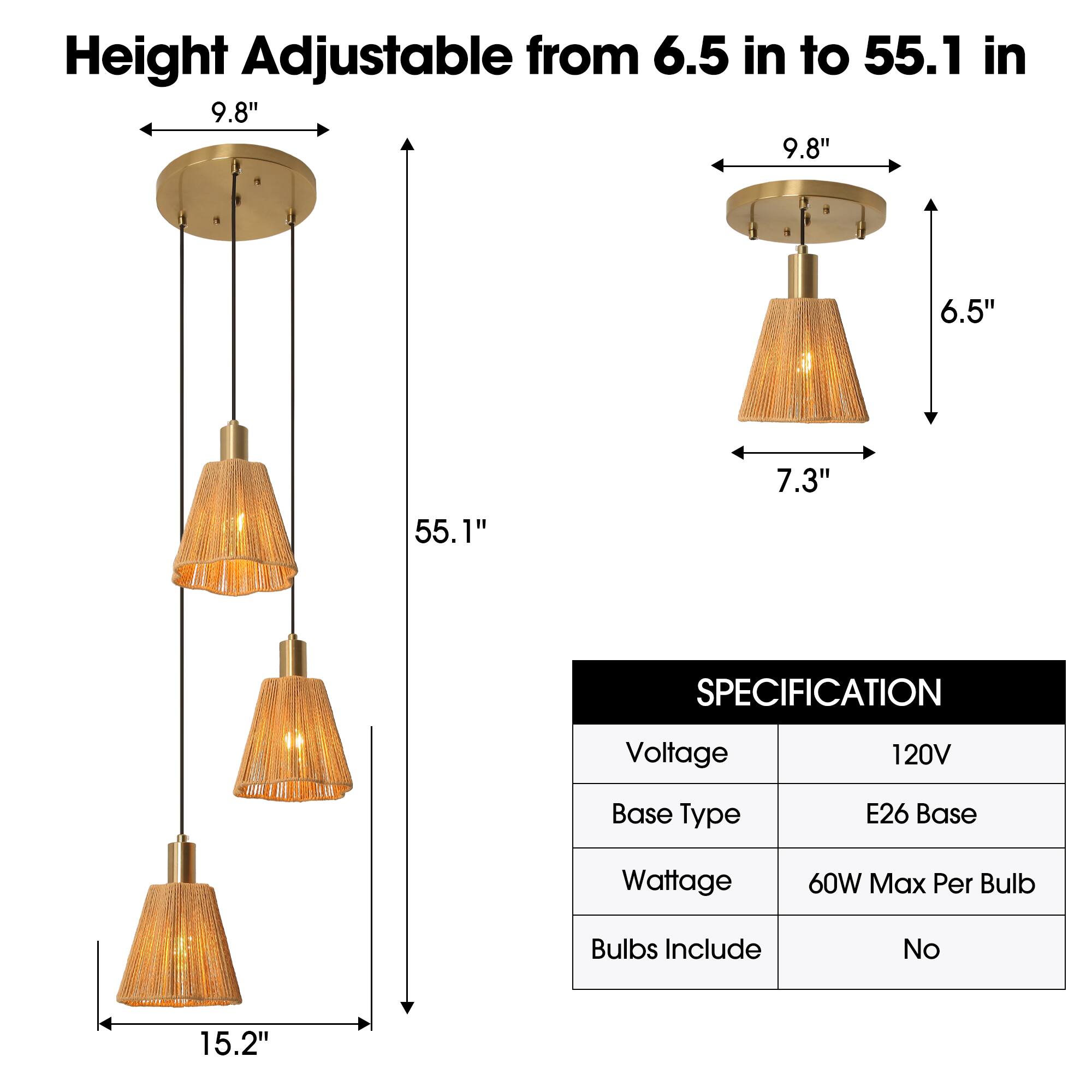 Height Adjustable from 6.5 in to 55.1 in

9.8" 9.8" 6.5" 55.1" 7.3" 15.2"

SPECIFICATION
- Voltage: 120V
- Base Type: E26 Base
- Wattage: 60W Max Per Bulb
- Bulbs Include: No