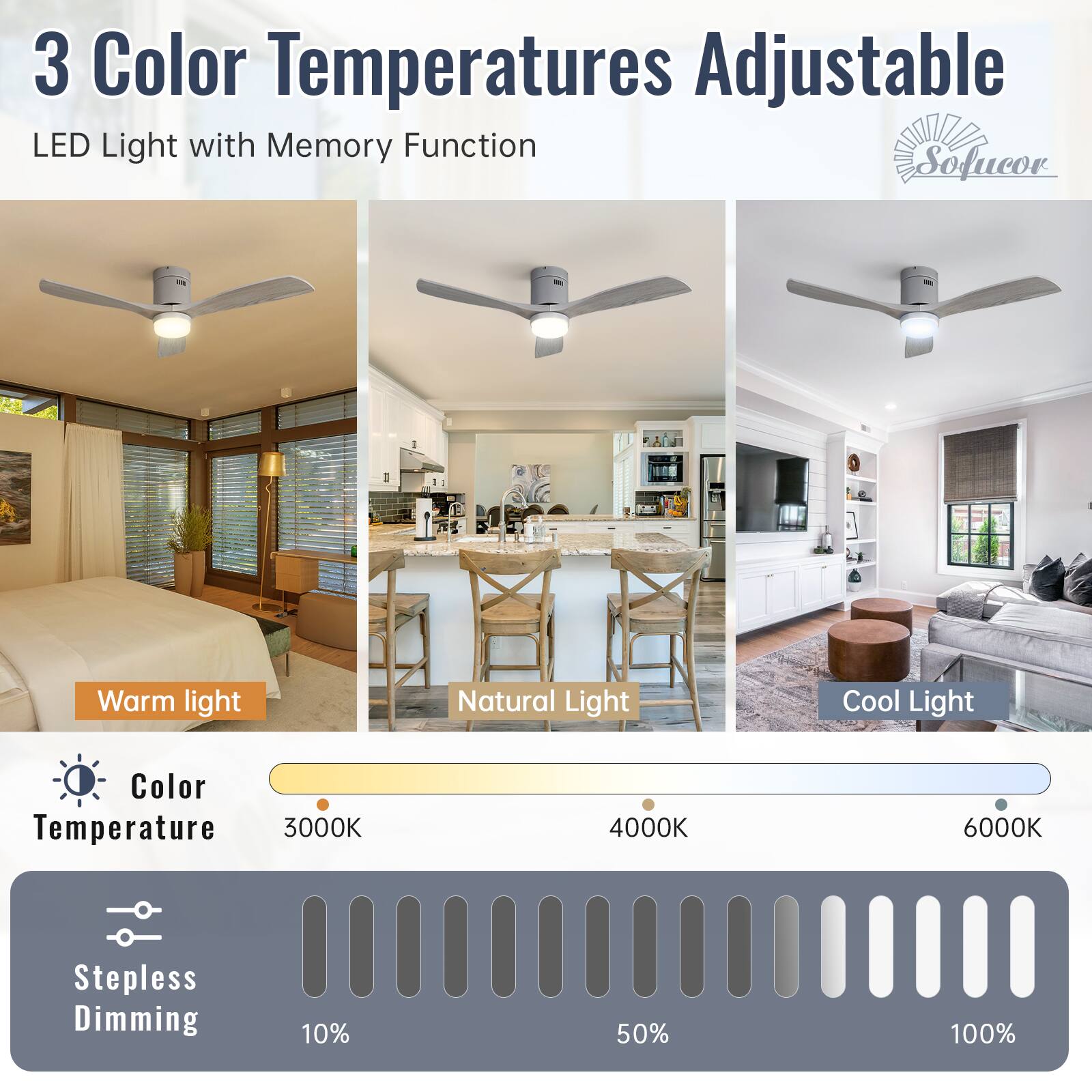 3 Color Temperatures Adjustable  
LED Light with Memory Function  

Warm light  
Natural Light  
Cool Light  

Color Temperature  
3000K  
4000K  
6000K  

Stepless Dimming  
10%  
50%  
100%