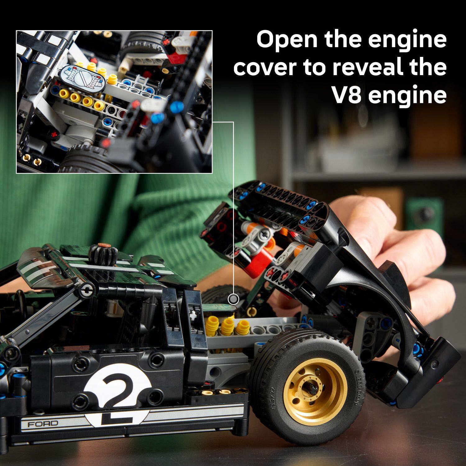 Open the engine cover to reveal the V8 engine