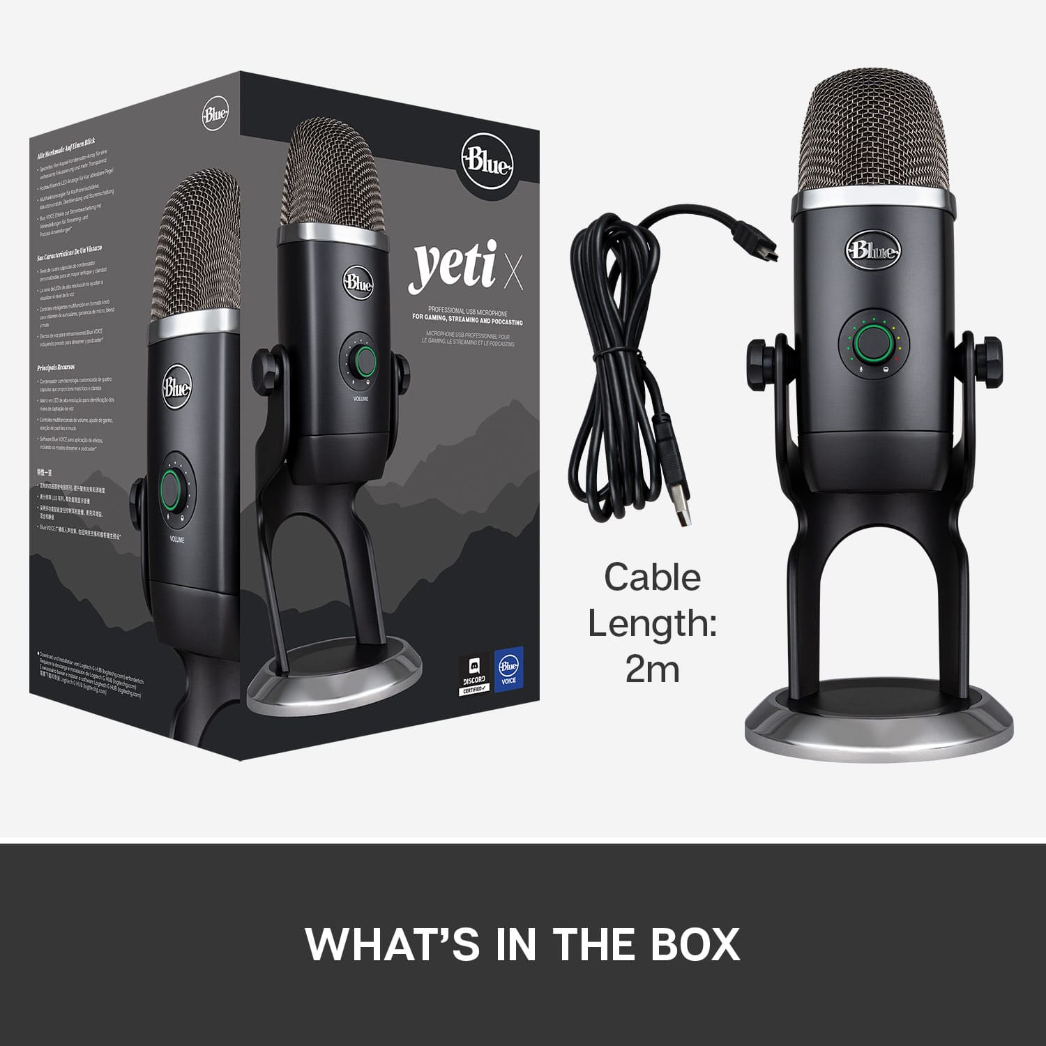 What's in the Box: Blue Yeti X Microphone, Cable, and Box.