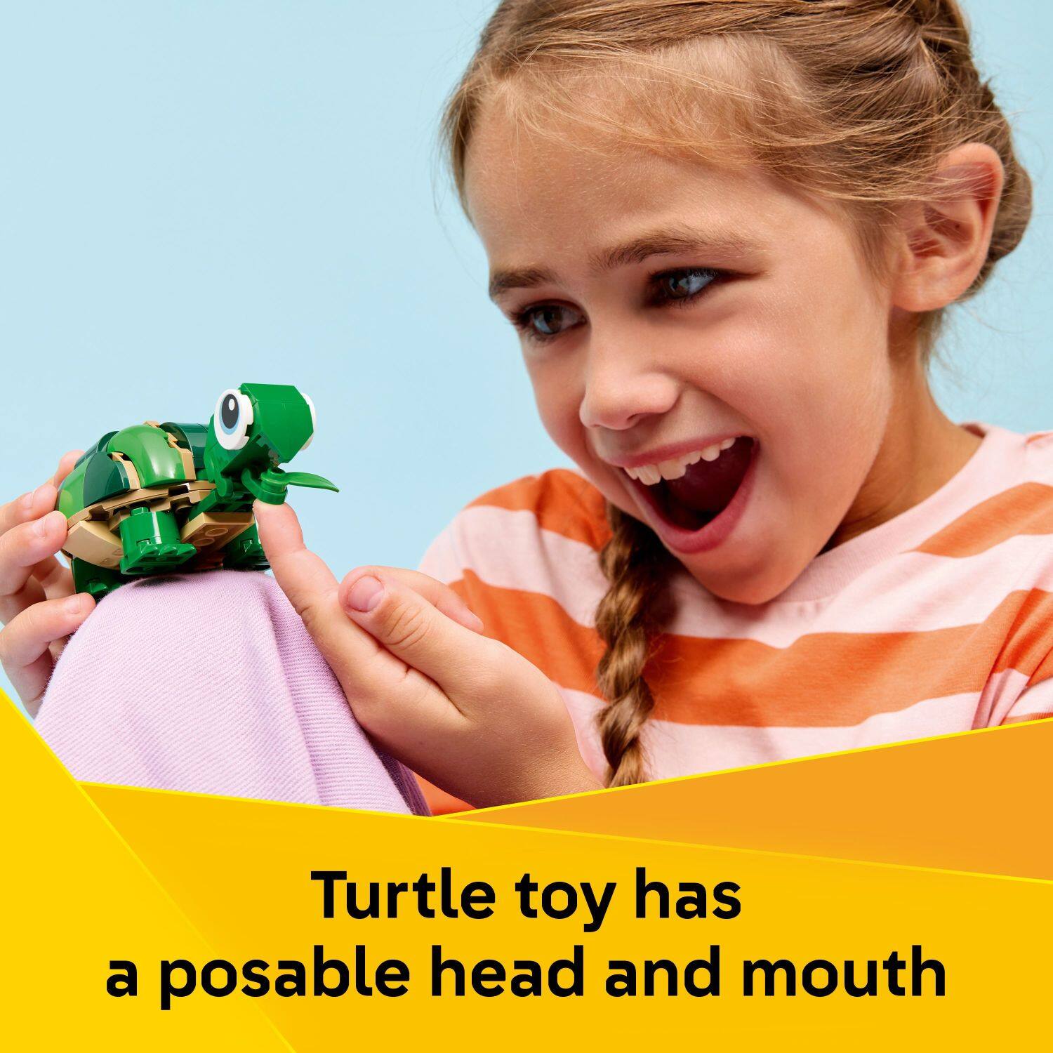 Turtle toy has a posable head and mouth
