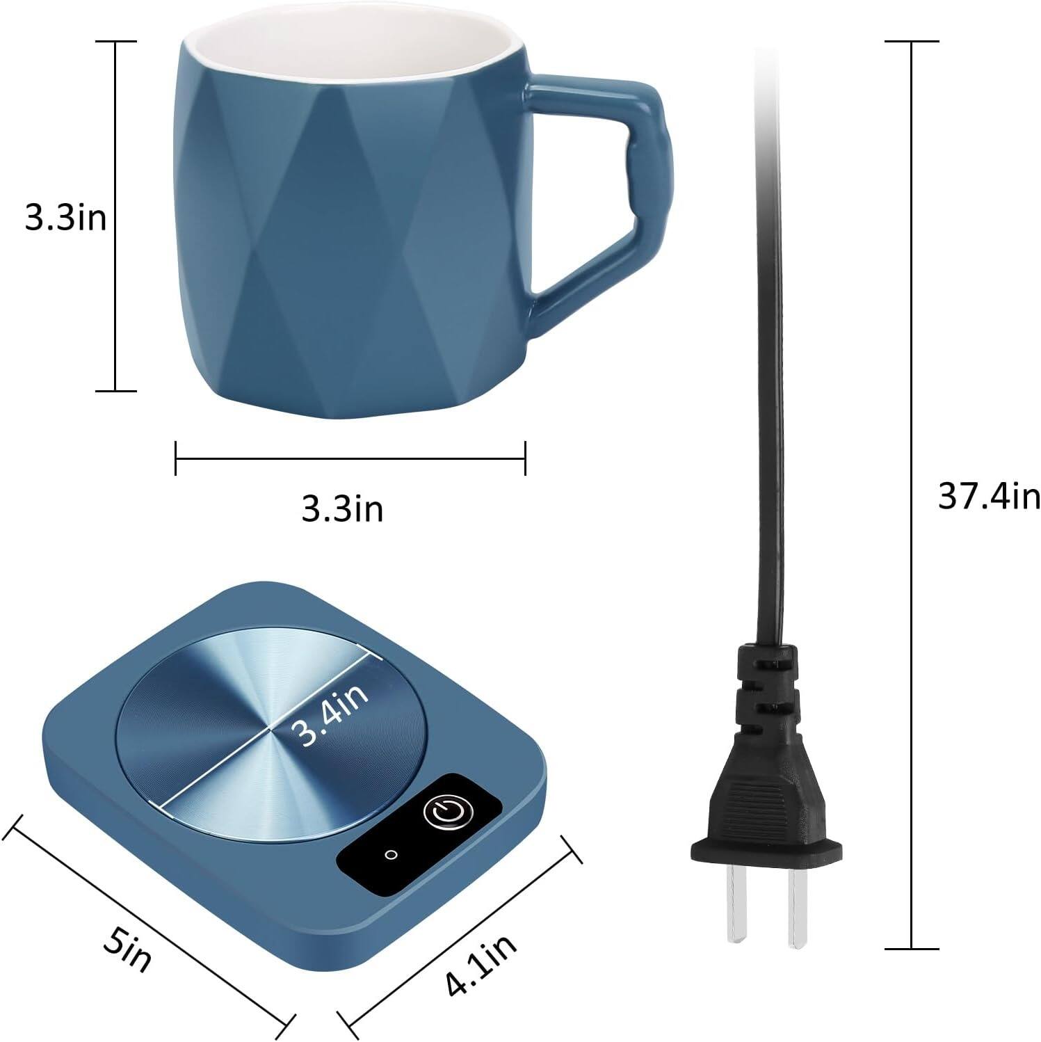 - Mug:
  - Height: 3.3in
  - Diameter: 3.3in

- Base:
  - Diameter: 3.4in
  - Length: 5in
  - Width: 4.1in

- Cord:
  - Length: 37.4in