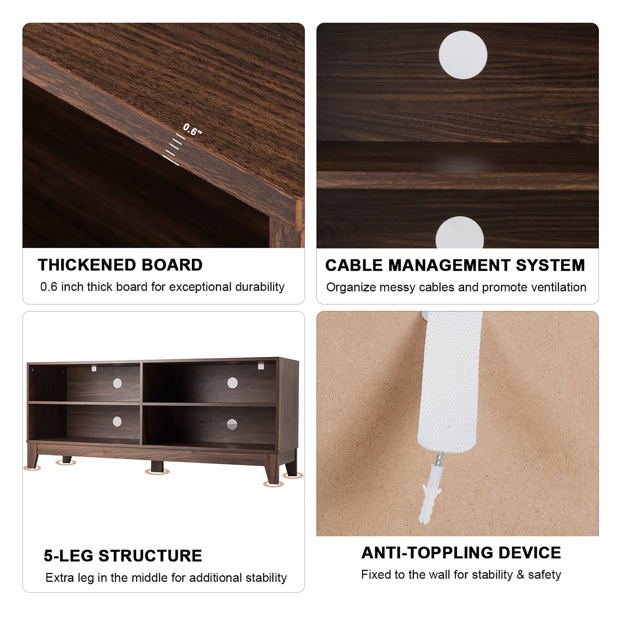 The text on the image is already grouped and correctly labeled. It describes the features of a wooden dresser, including a thickened board, cable management system, 5-leg structure, and anti-toppling device.