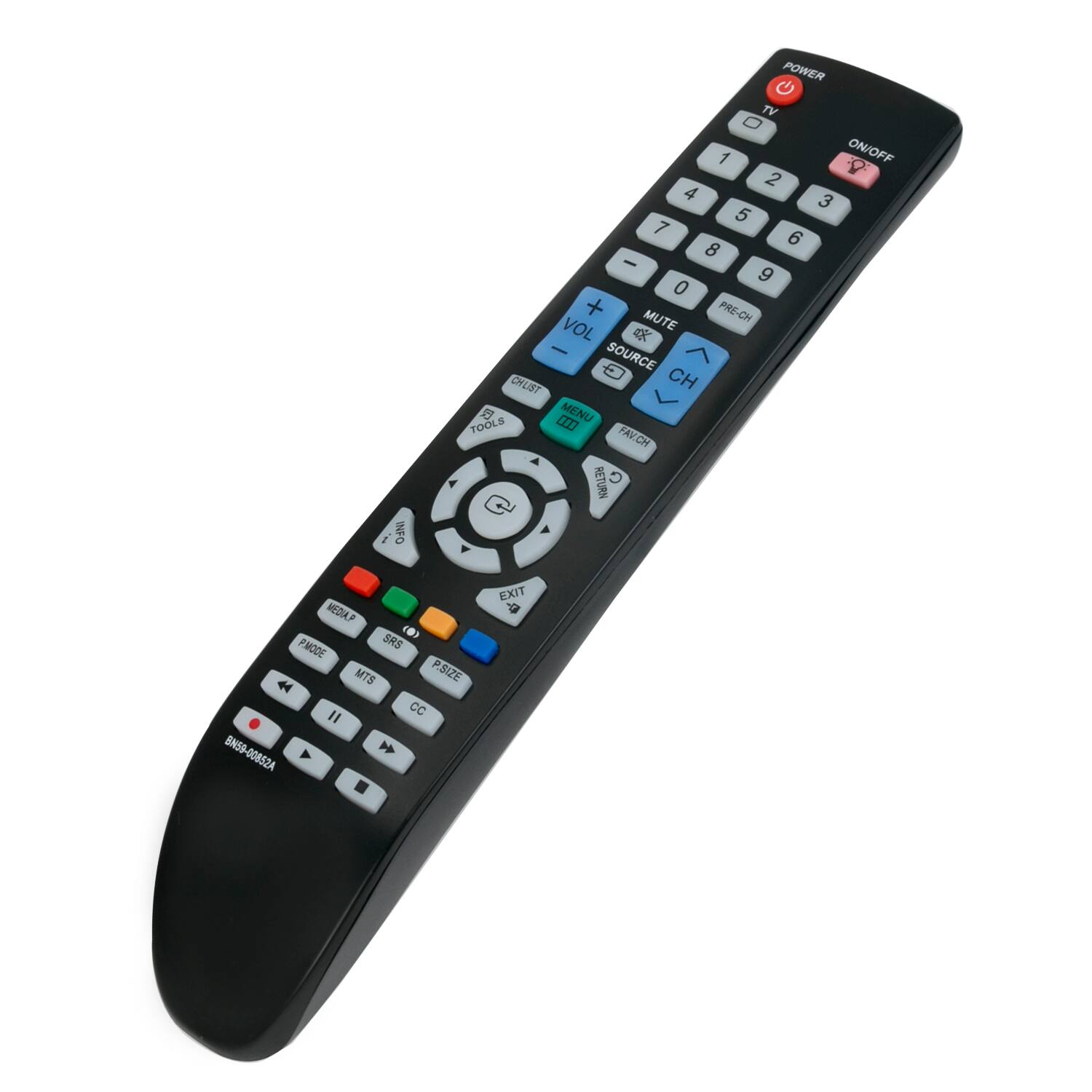 Sure, here is the corrected and grouped text from the image:

**Top Section:**
- POWER
- TV
- ON/OFF

**Number Pad:**
- 1 2 3
- 4 5 6
- 7 8 9
- 0

**Volume and Channel Controls:**
- VOL -
- MUTE
- VOL +
- PRE-CH
- SOURCE
- CH

**Additional Controls:**
- MENU
- TOOLS
- RETURN
- EXIT

**Media and Playback:**
- INFO
- PAUSE
- PLAY
- STOP
- CC
- BNSS

**Special Features:**
- PMODE
- SRS
- MTS
- P-SIZE

**Bottom Section:**
- BNSS-00852A