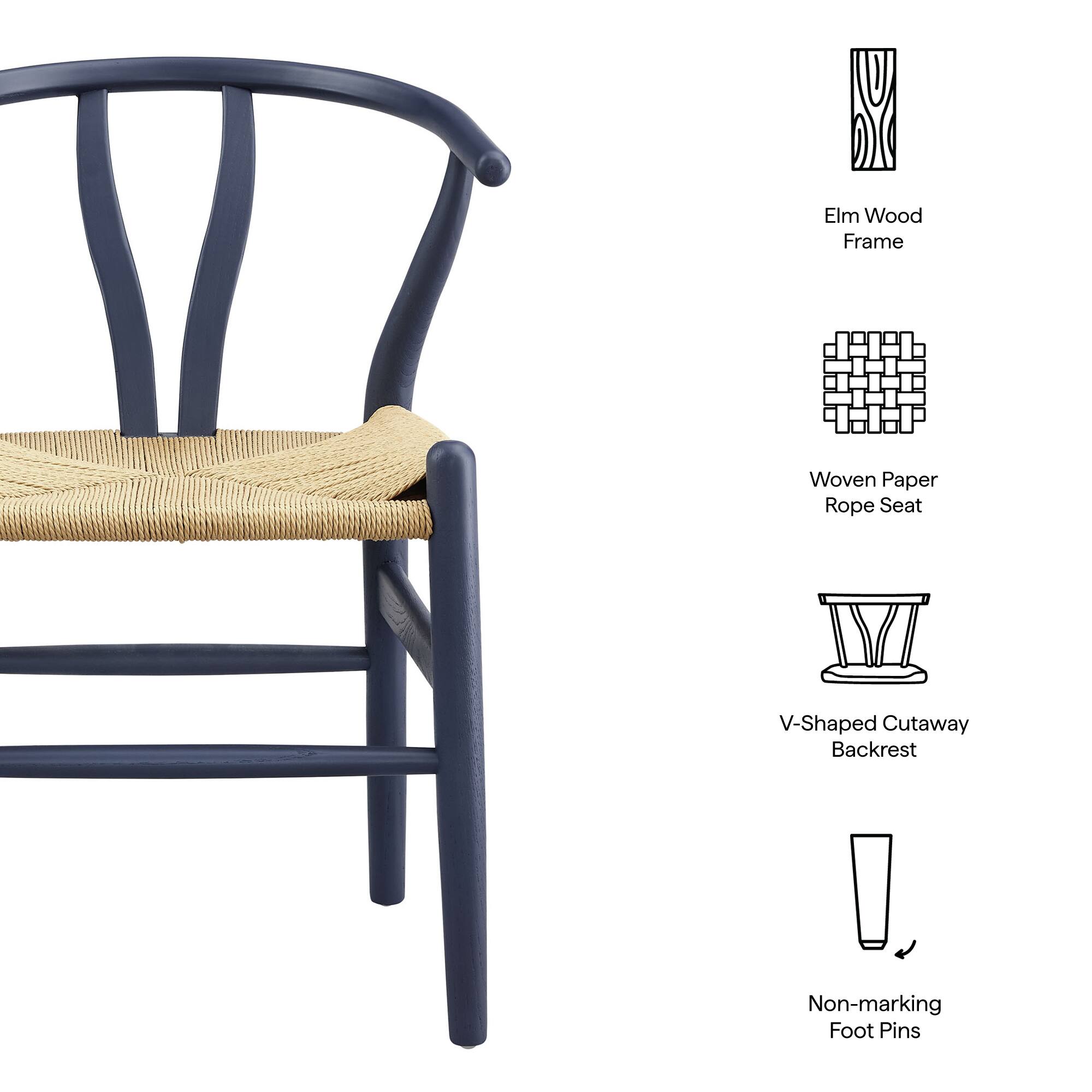 Elm Wood Frame  
Woven Paper Rope Seat  
V-Shaped Cutaway Backrest  
Non-marking Foot Pins