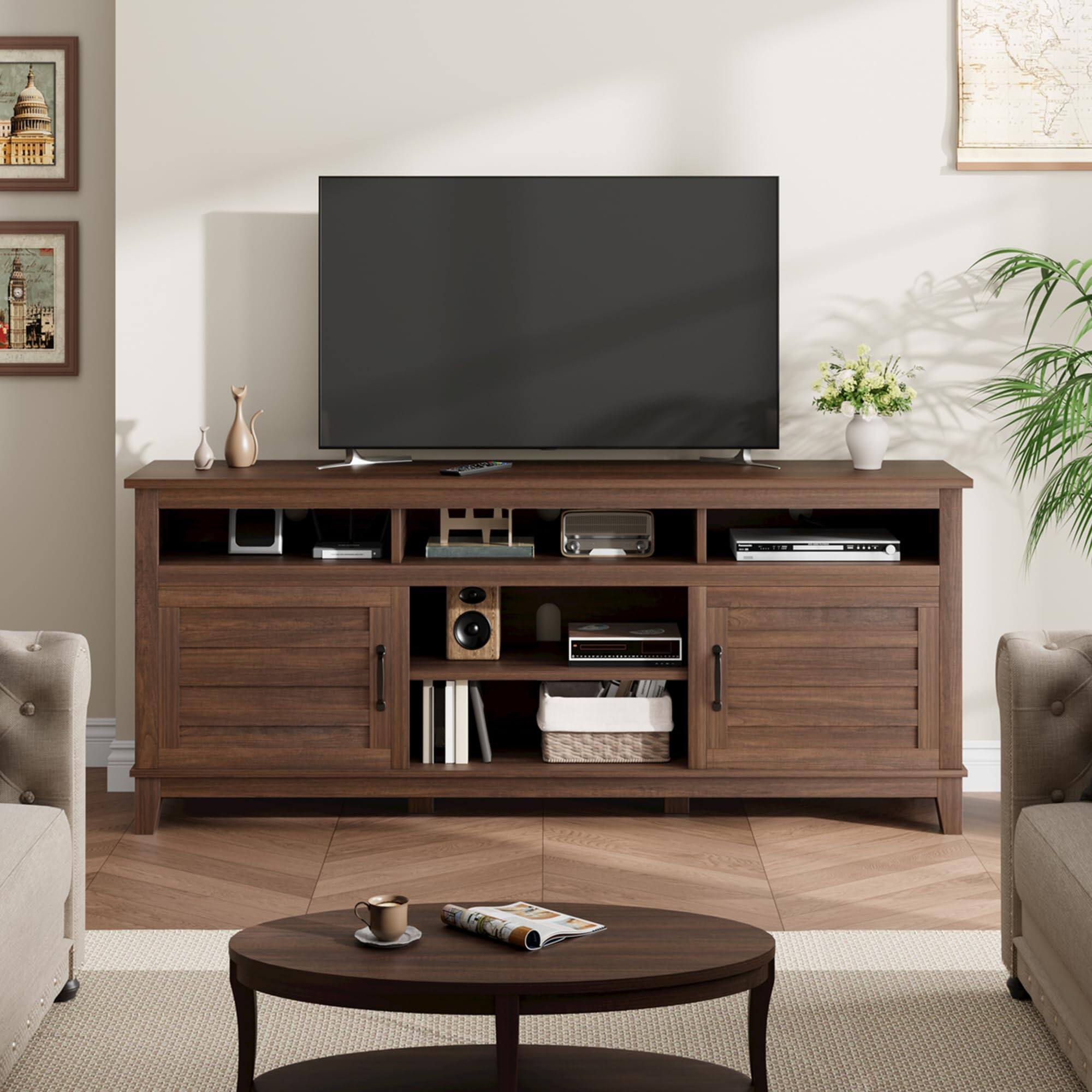 Back. Qeetex - 70.9" Farmhouse TV Stand for 80" TVs, Entertainment Center with Adjustable Shelves & Cabinet Doors for Living Room - Brown.
