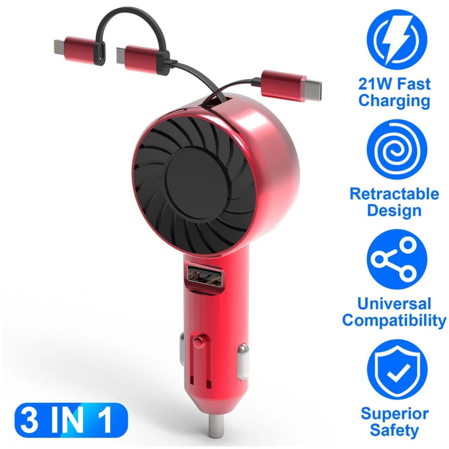 21W Fast Charging  
Retractable Design  
Universal Compatibility  
Superior Safety  

3 IN 1