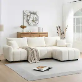 LUCKY ONE - 110" L-Shape Modular Boucle Sectional Sofa w/ Extra-Large Seat Pull-Line Design Ottoman - Cream