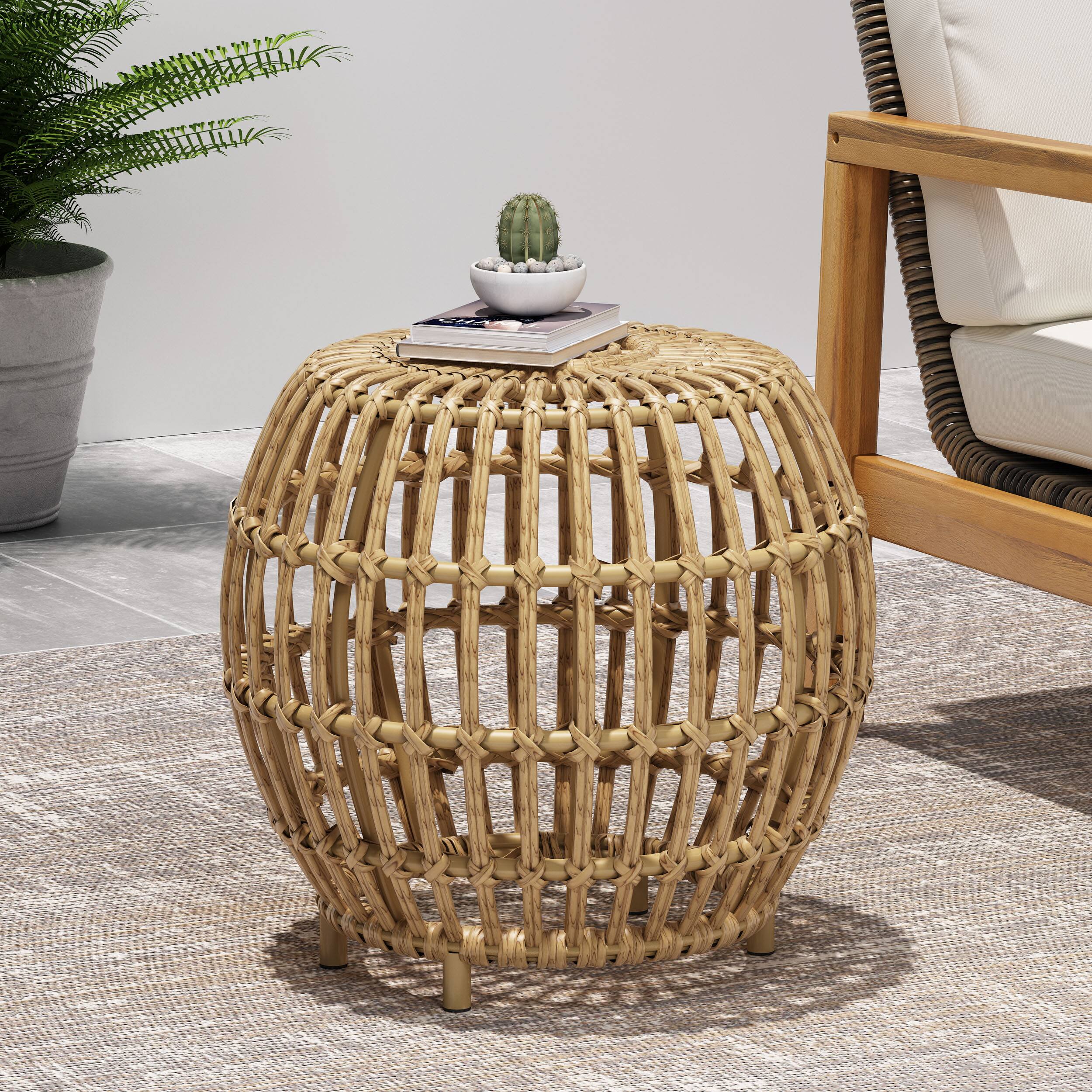 Left. APRILSOUL - Boho Chic 30in Faux Rattan Side Table Handcrafted All-Weather PE Woven Texture - Light Brown.