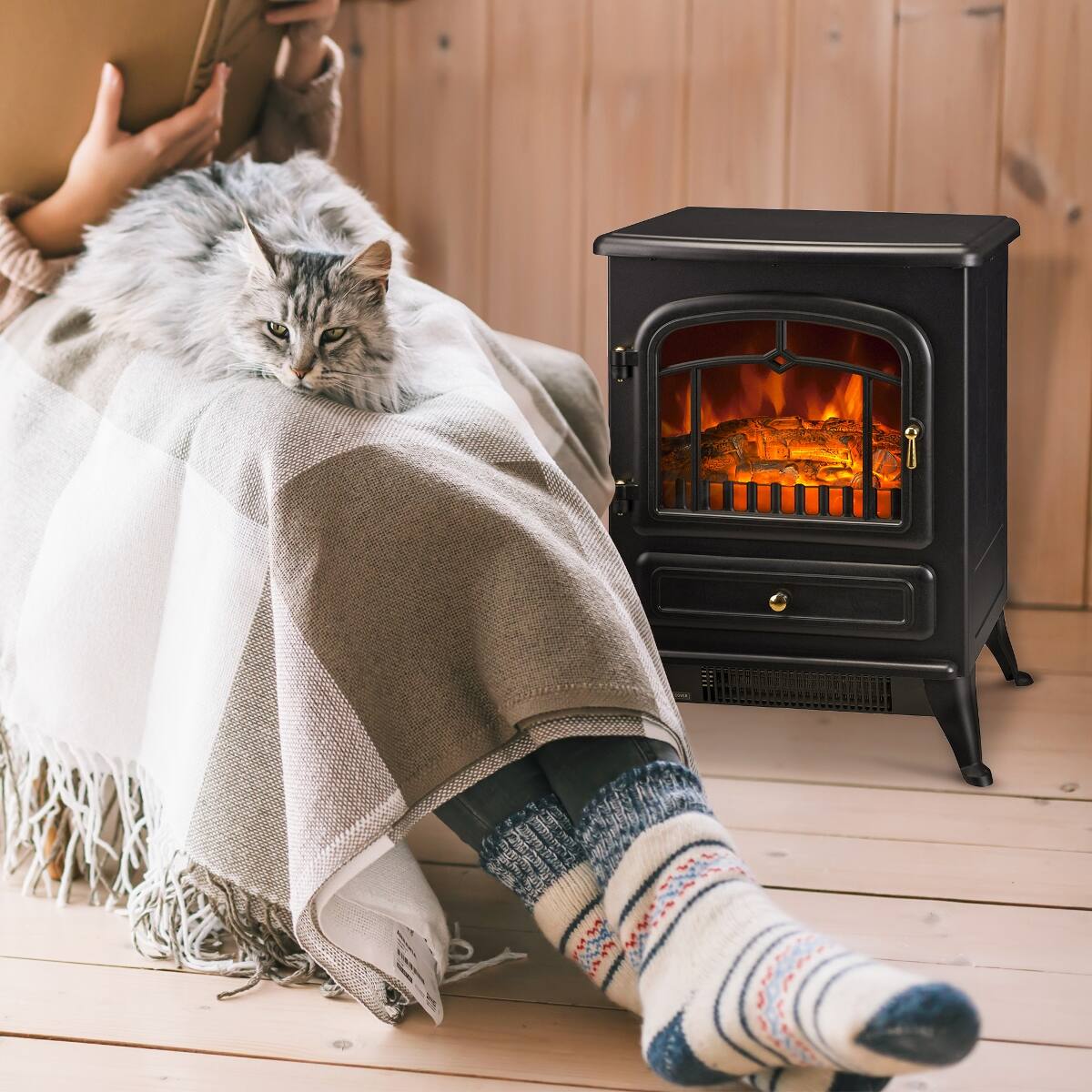 Alt View 4. Loheer - Loheer 22 inch freestanding electric fireplace with realistic LED flames and logs, 750W/1500W, Black - Black.