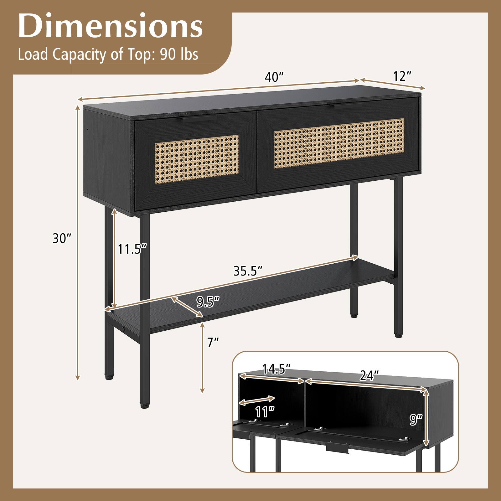Dimensions  
Load Capacity of Top: 90 lbs  
40" x 12" x 30" x 11.5" x 35.5" x 9.5" x 7" x 14.5" x 24" x 11" x 9"
