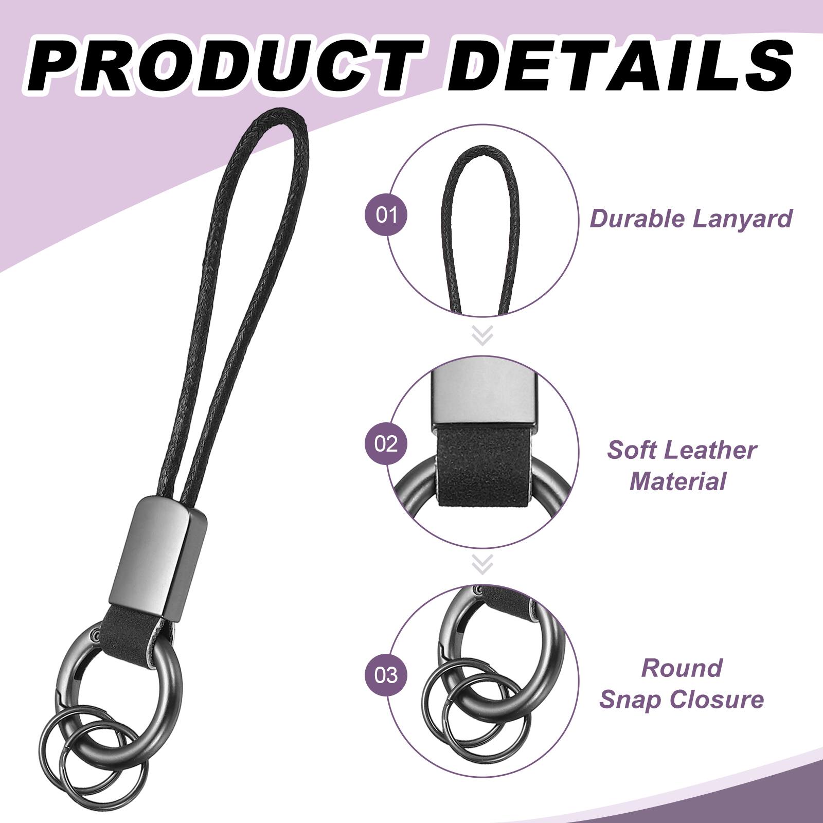 PRODUCT DETAILS  
01 Durable Lanyard  
02 Soft Leather Material  
03 Round Snap Closure