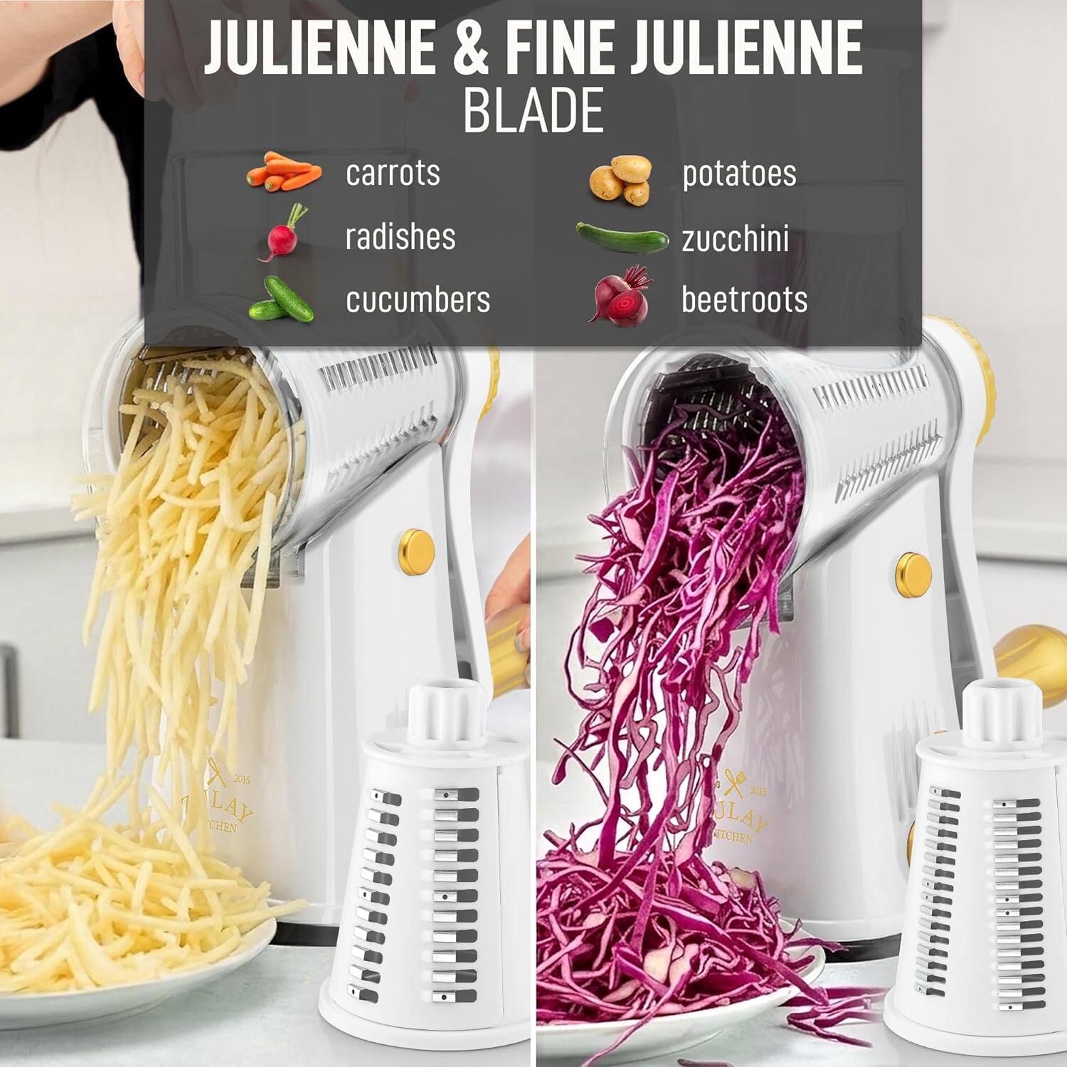 JULIENNE & FINE JULIENNE BLADE

carrots  
radishes  
cucumbers  
potatoes  
zucchini  
beetroots  

2015 LAY CHEN x 208 SLAY KITCHEN