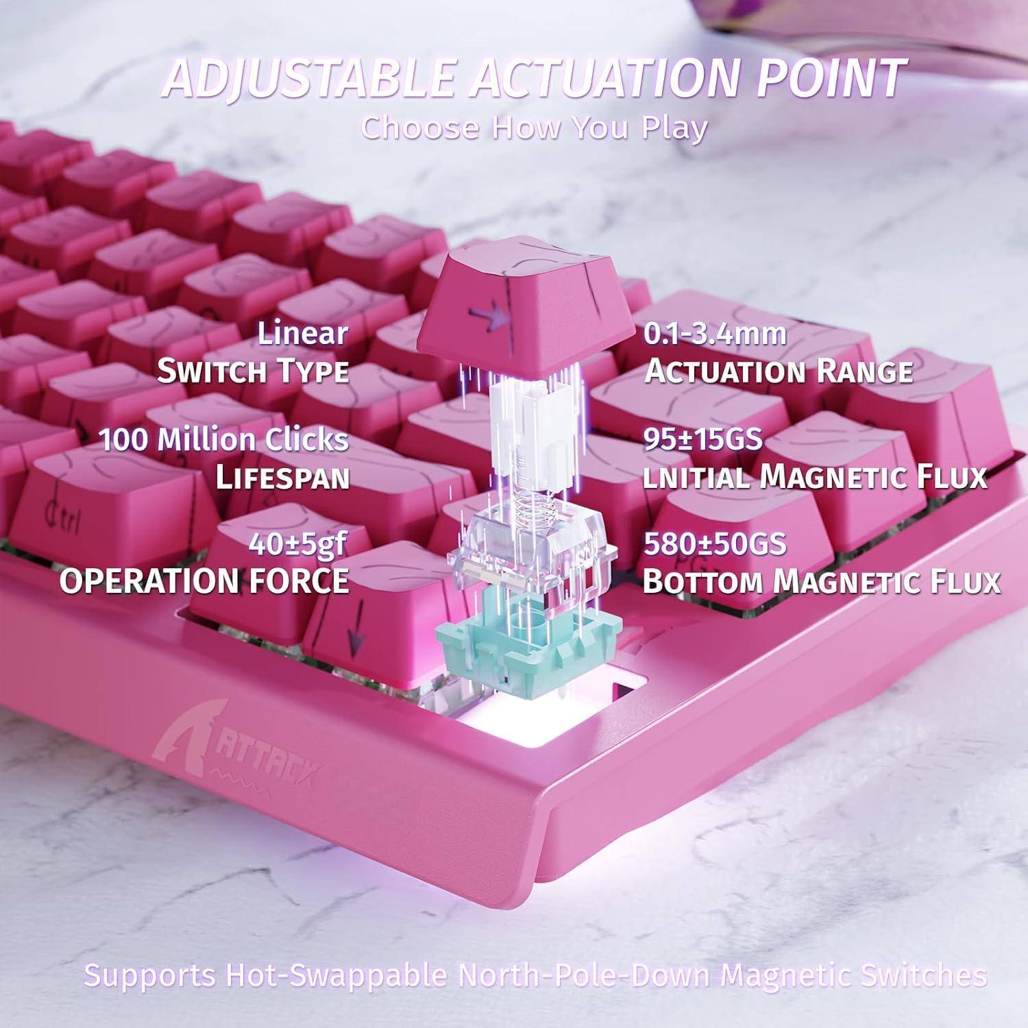 ADJUSTABLE ACTUATION POINT  
Choose How You Play  

Linear  
SWITCH TYPE  

100 Million Clicks  
LIFESPAN  

0.1-3.4mm  
ACTUATION RANGE  

40±5gf  
OPERATION FORCE  

95±15GS  
LNITIAL MAGNETIC FLUX  

580±50GS  
BOTTOM MAGNETIC FLUX  

Supports Hot-Swappable North-Pole-Down Magnetic Switches