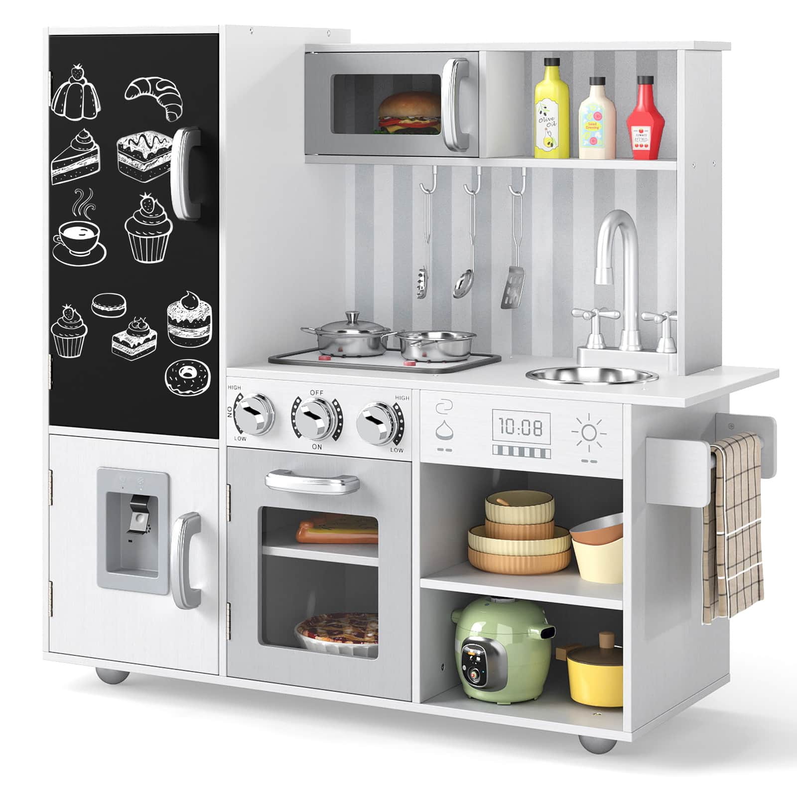 Gymax - Play Kitchen Toy Set w/ Chalkboard Oven Sink Faucet Stove Water Dispenser - Gray