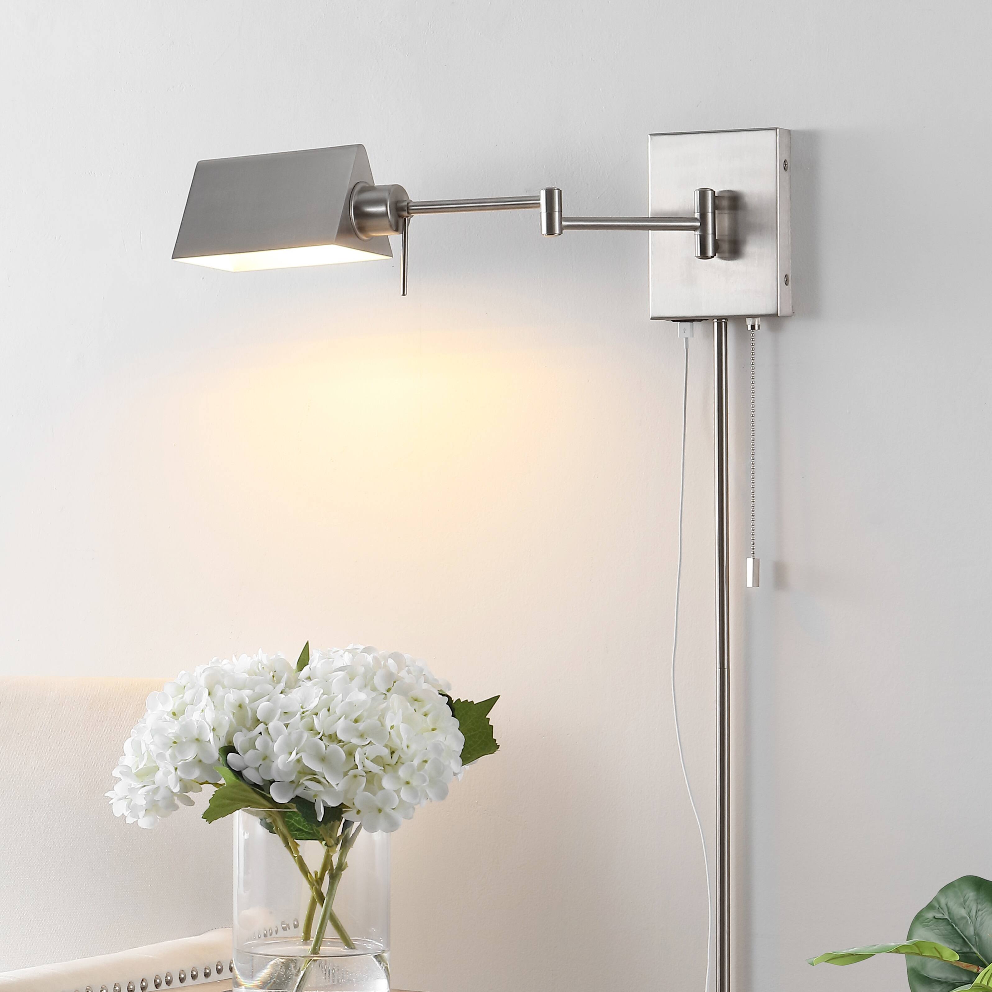 Alt View 1. Jonathan Y - Arlo 22" Single Swing Arm Plug-In or Hardwired Iron LED Wall Sconce with Pull-Chain USB Charging Port, Nickel - Nickel.