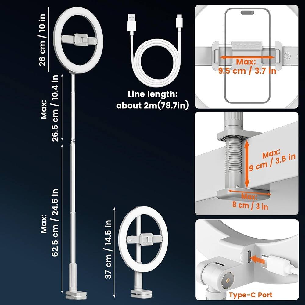 - **Height:**
  - 26 cm / 10.4 in
  - Max: 26.5 cm

- **Line length:**
  - about 2m (78.7 in)

- **Width:**
  - 37 cm / 14.5 in
  - Max: 62.5 cm / 24.6 in

- **Max:**
  - 9.5 cm / 3.7 in
  - 9 cm / 3.5 in
  - 8 cm / 3 in

- **Type-C Port**
