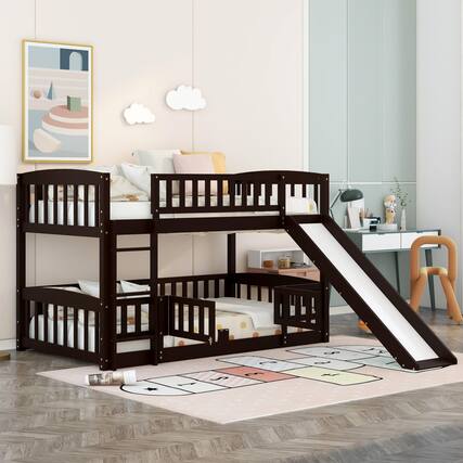 Front. Aukfa - Bunk Bed with Slide,Twin Over Twin Low Bunk Bed with Fence and Ladder for Kids Teens - Espresso.