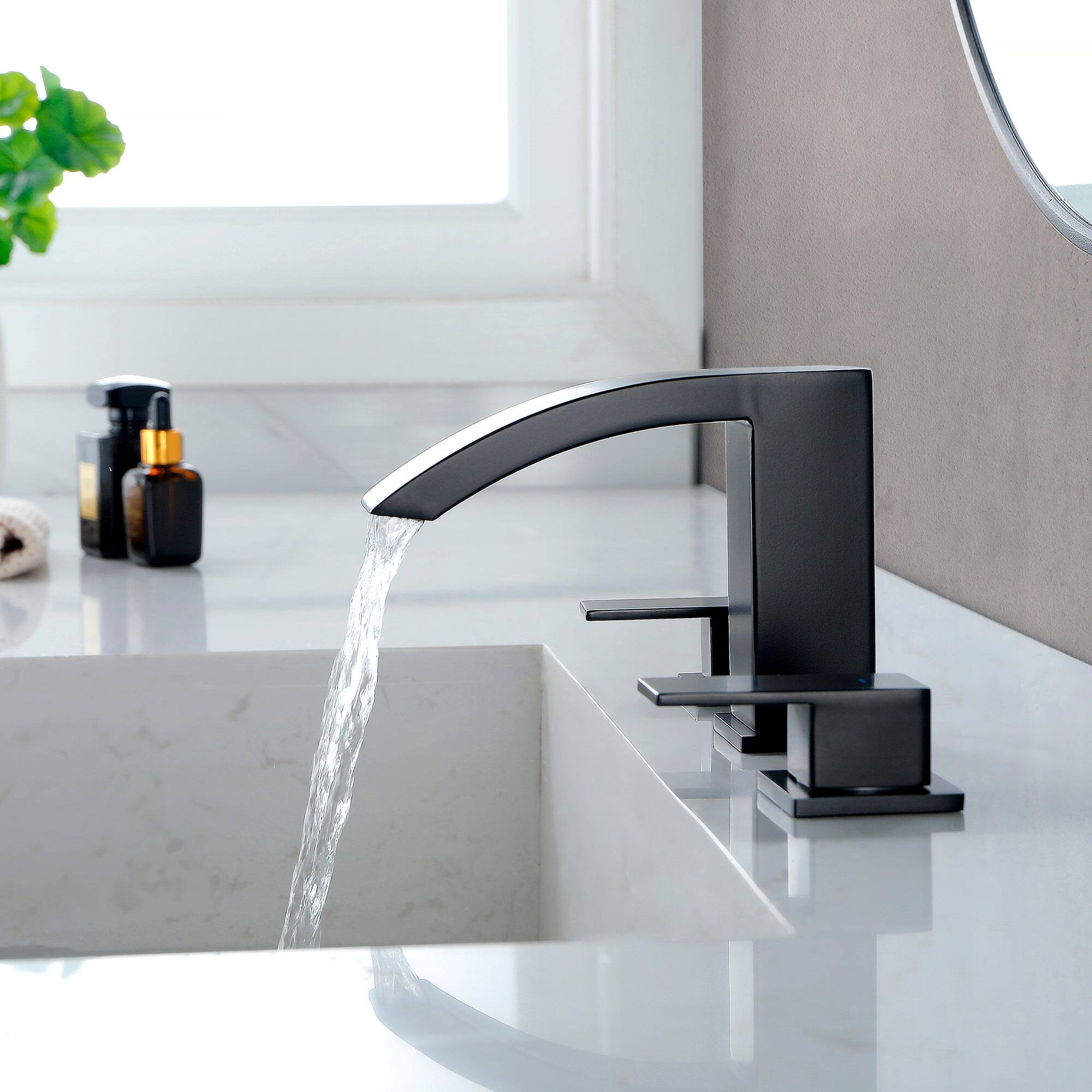 Angle. Boyel Living - 8 in Widespread Double Handle 1.2 GPM Bathroom Faucet with Quick Connect Hose and Pop Up Drain in Matte Black - Matte Black.